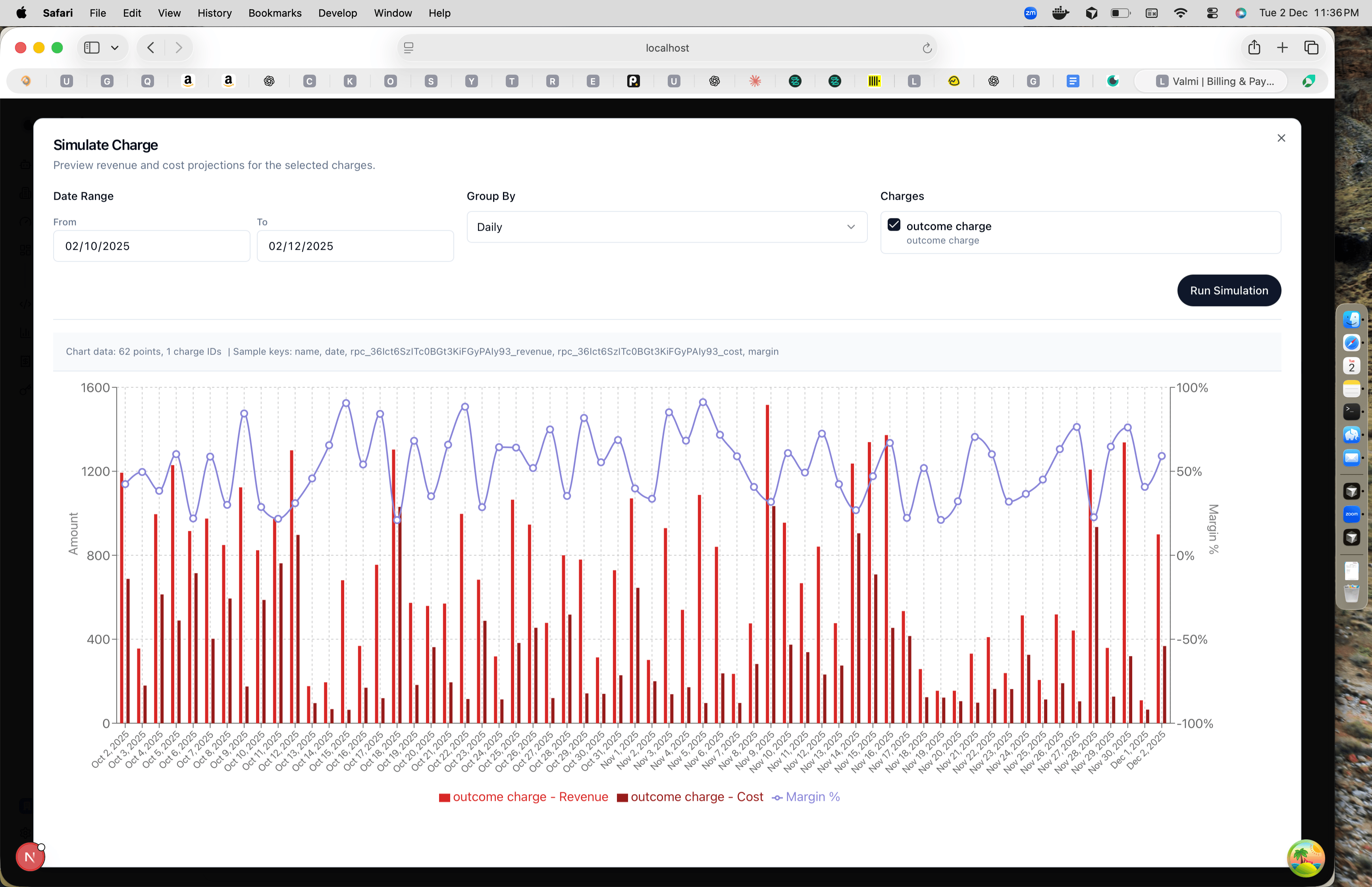 Simulate charge interface with revenue, cost, and margin chart