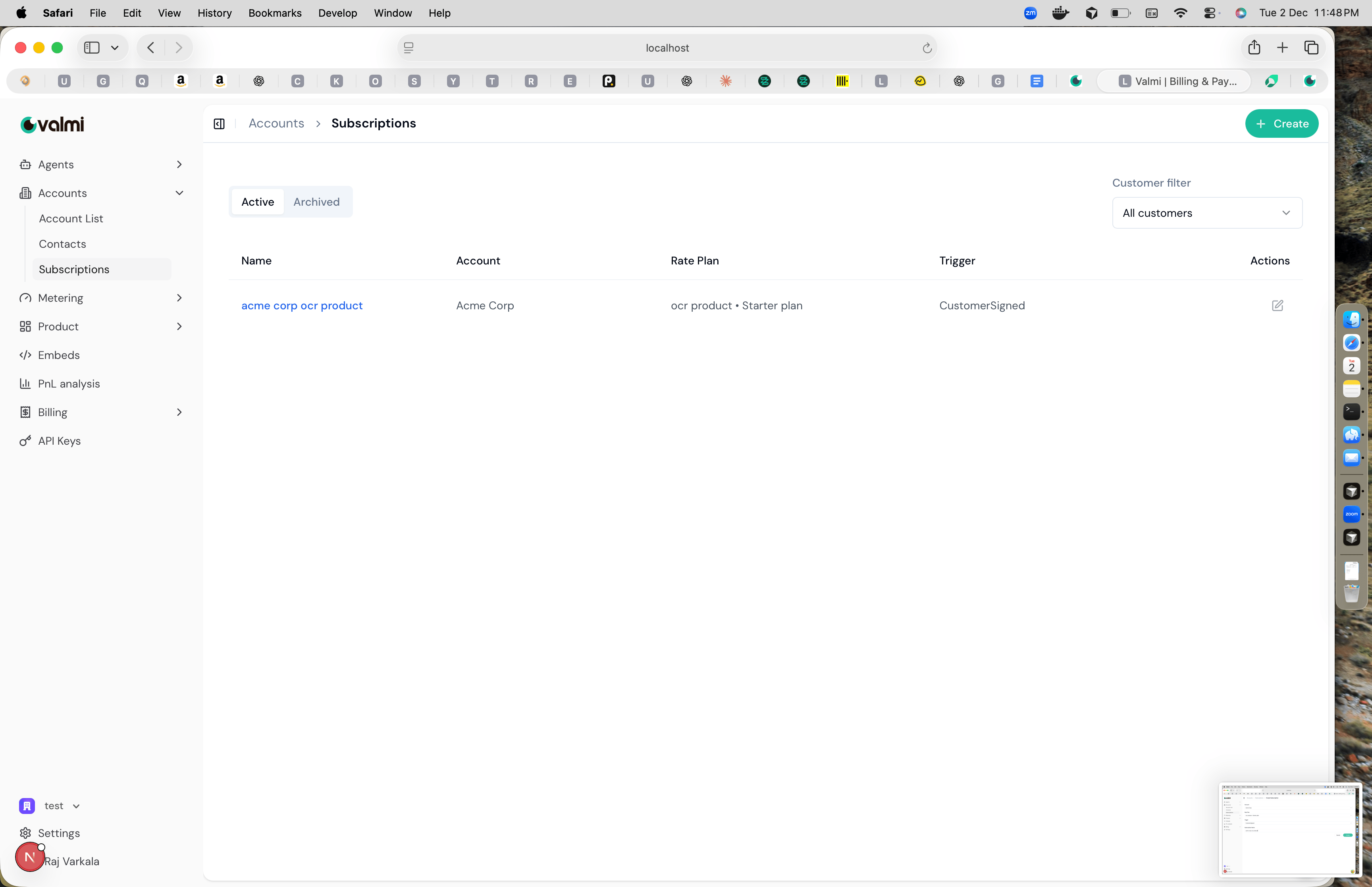 Subscriptions list showing active subscriptions