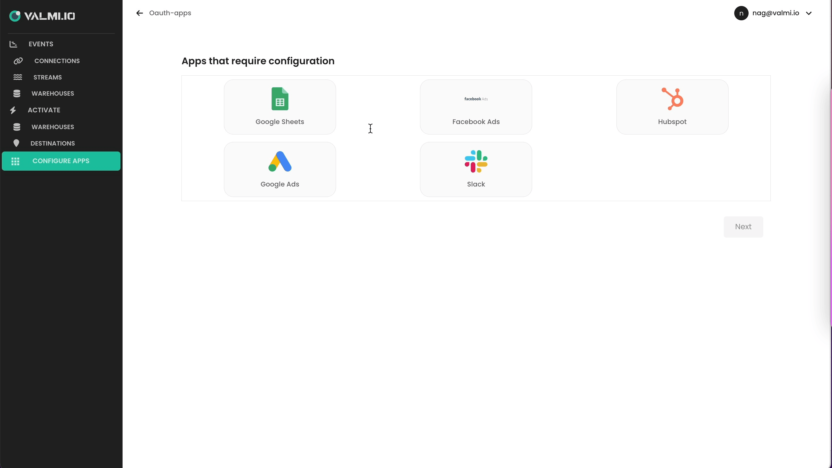 Configure apps selection