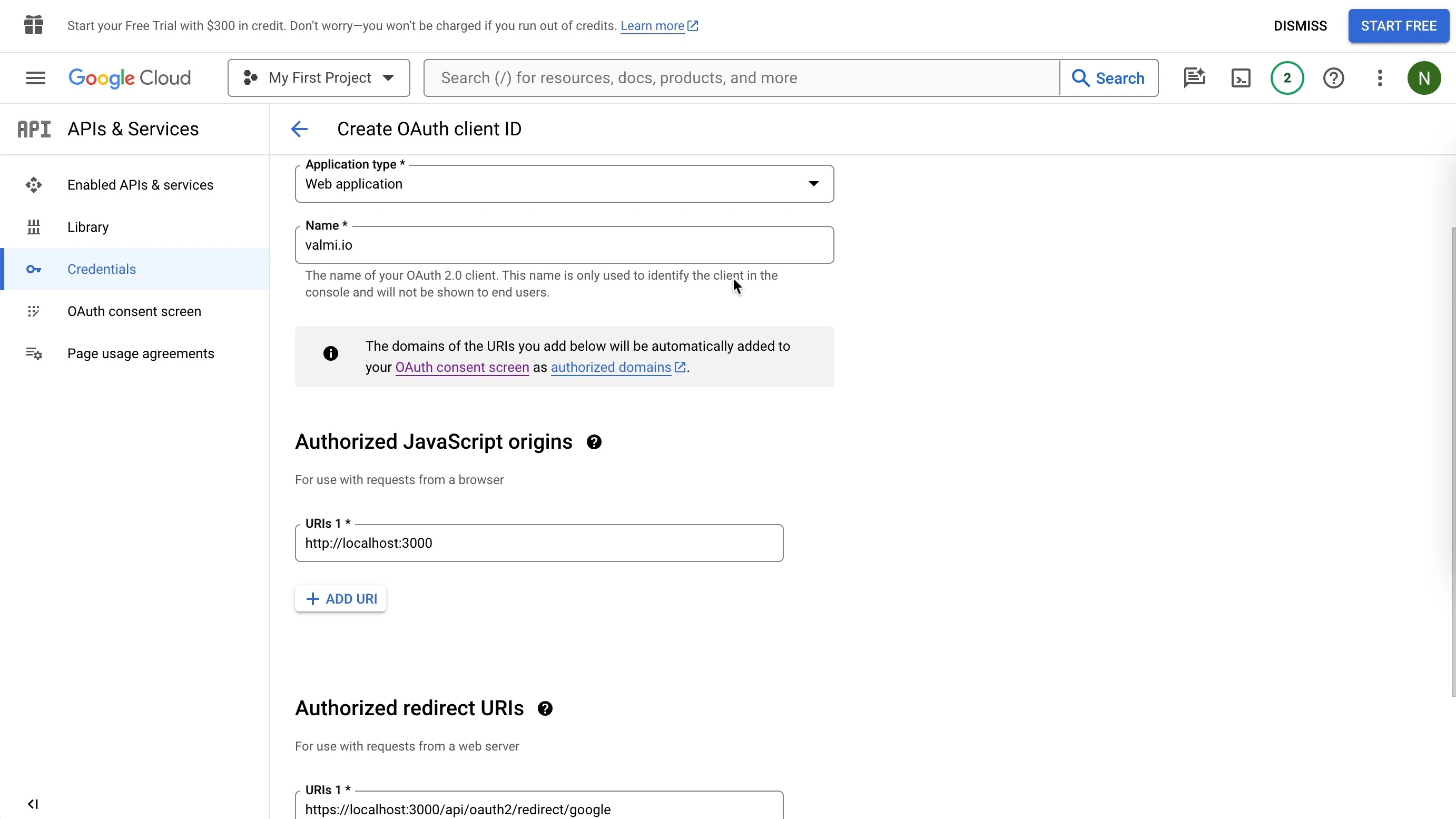 Google Sheets Create OAuth