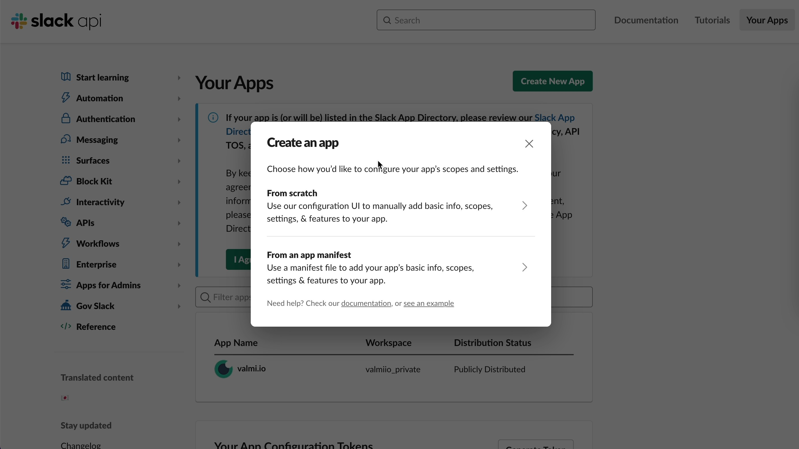 Slack Create New App