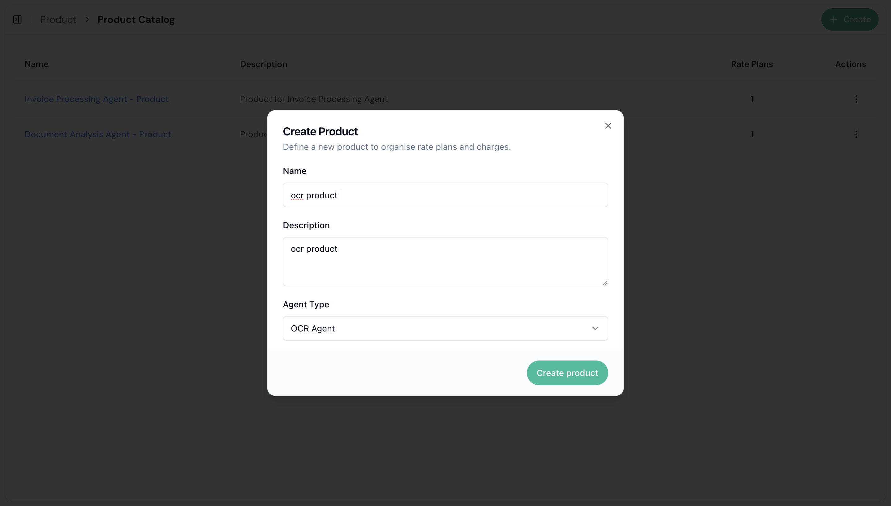 Create Product modal with product details form