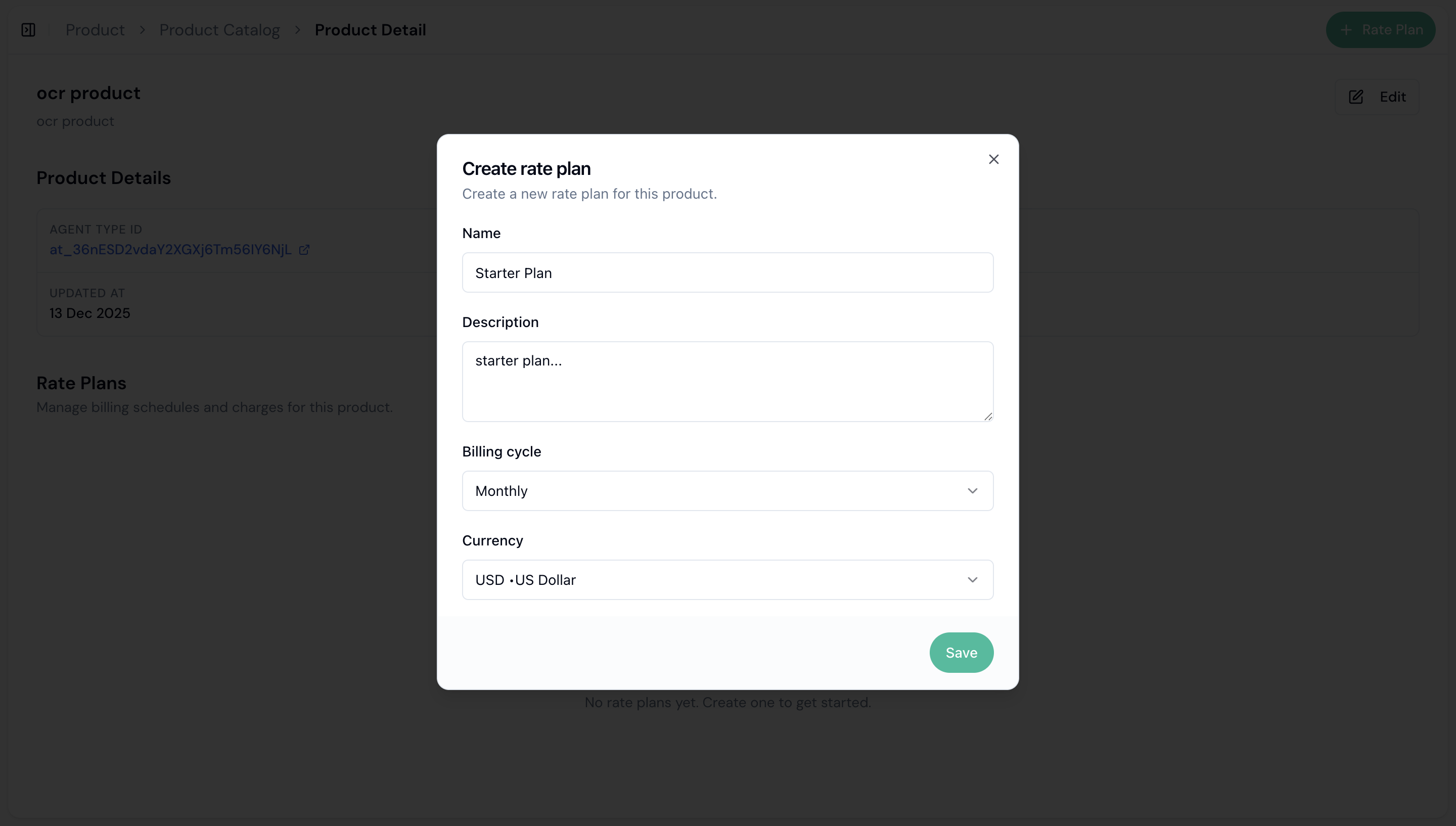 Create rate plan modal with plan details form
