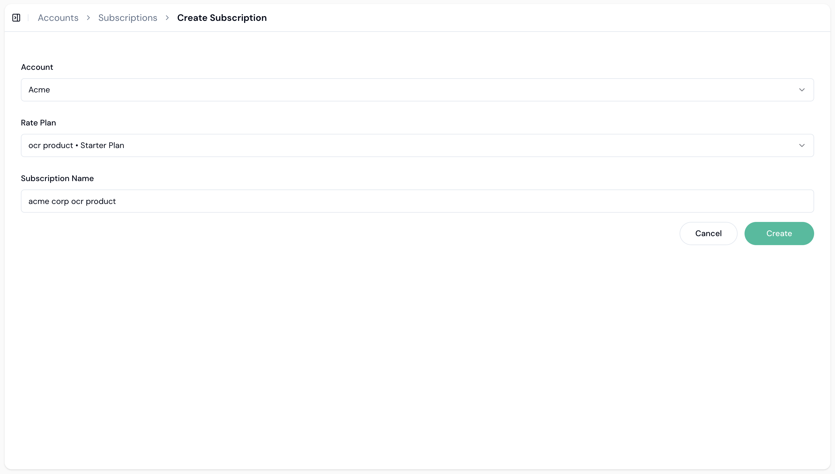 Create subscription form with account, rate plan, trigger, and name fields
