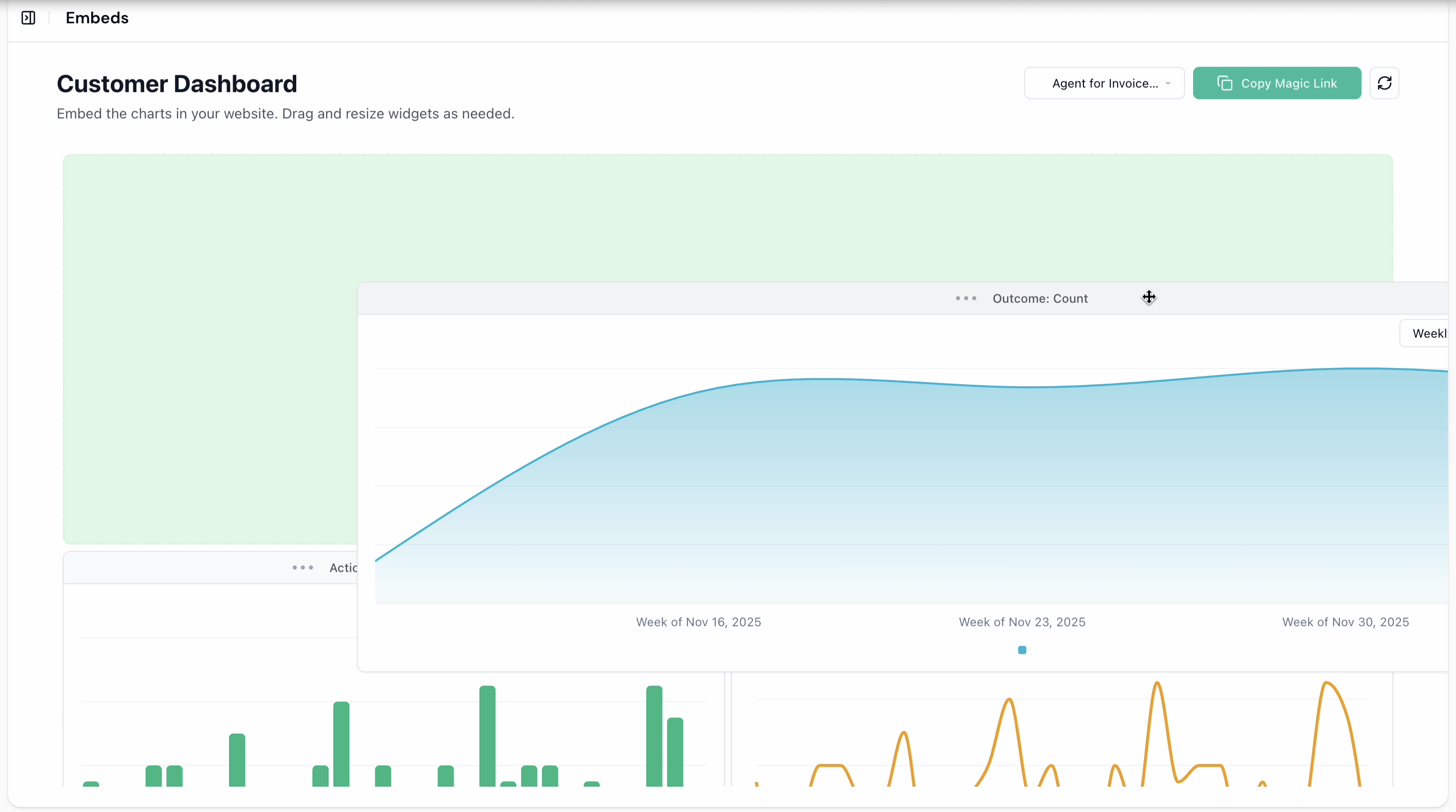 Embeds page showing dashboard creation interface