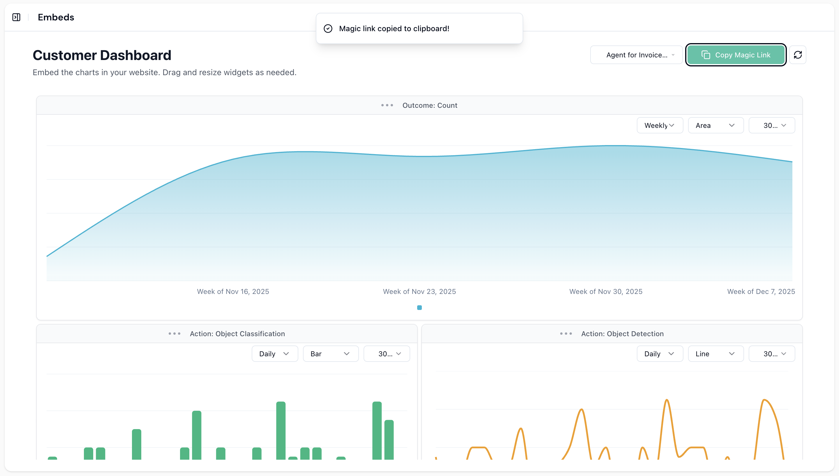 Magic link generation interface showing link options and access settings