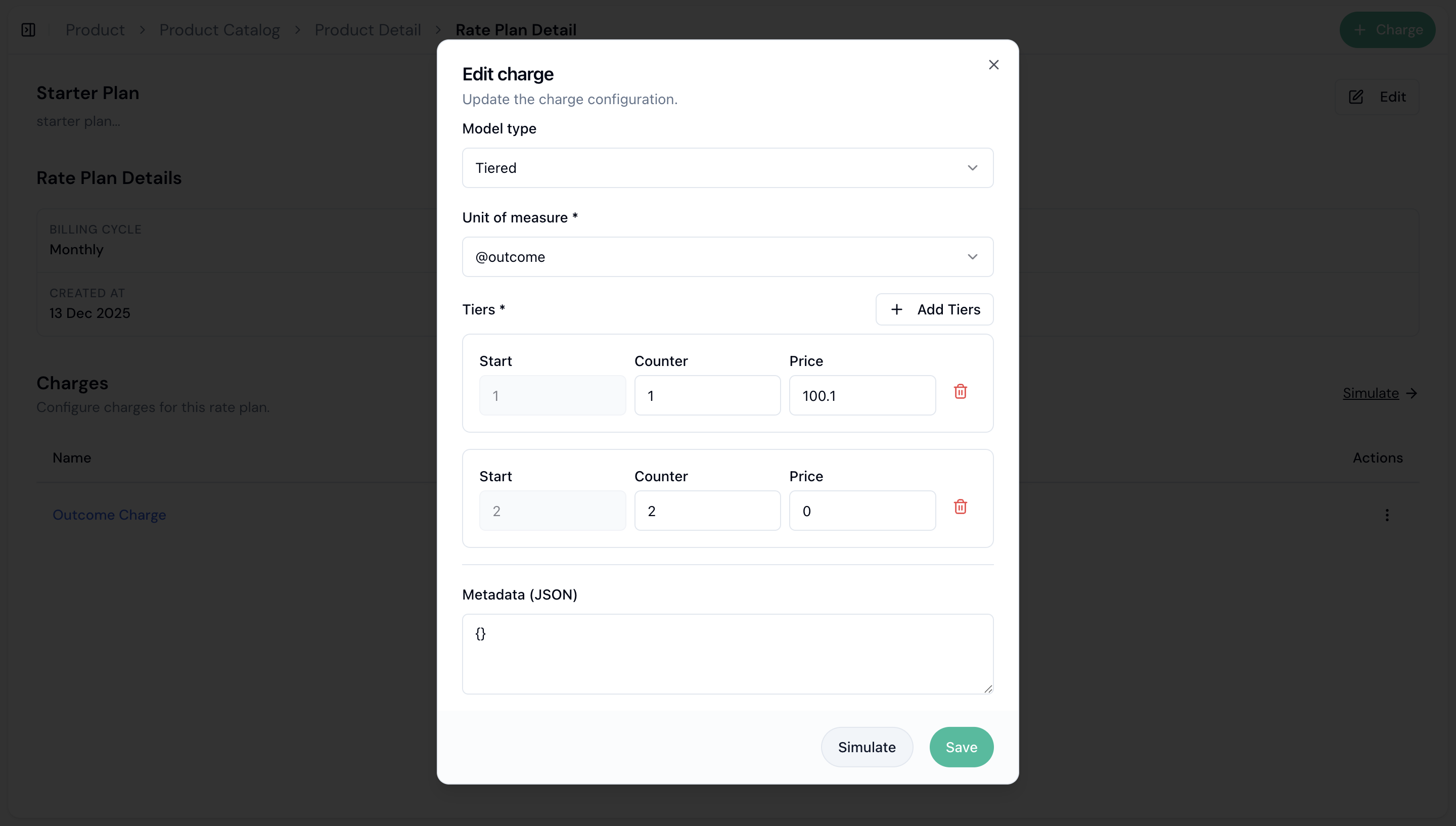 Edit charge modal with pricing configuration