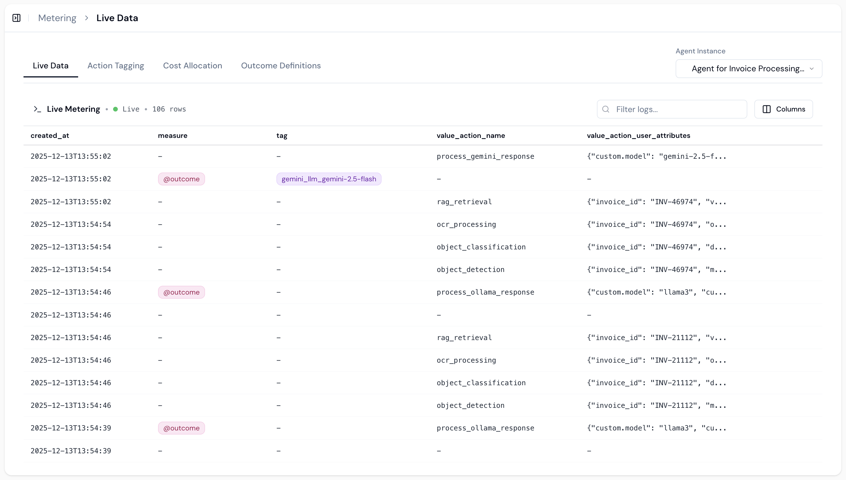 Live Data view showing real-time metering events