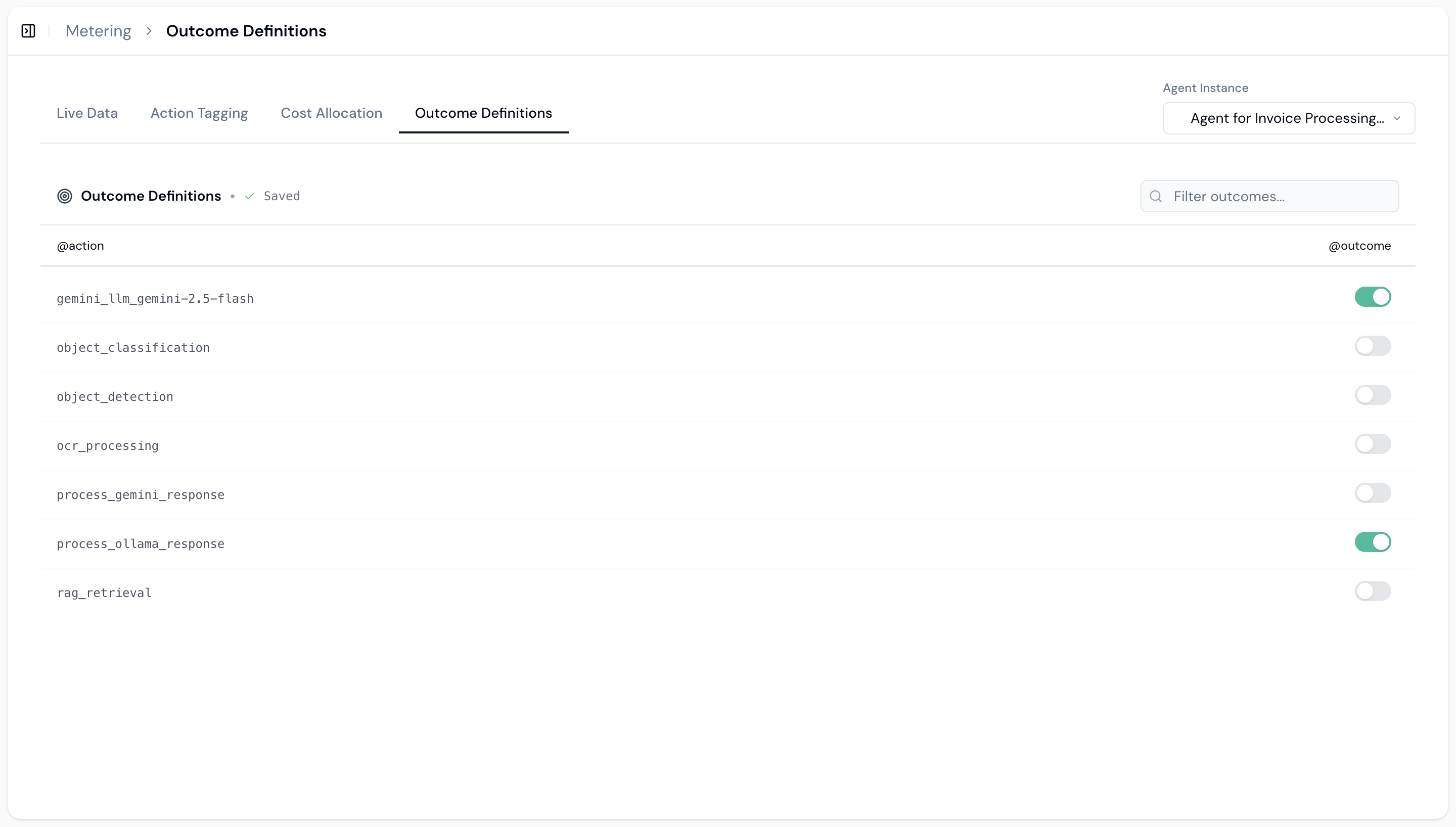 Outcome Definitions interface showing actions with outcome toggles