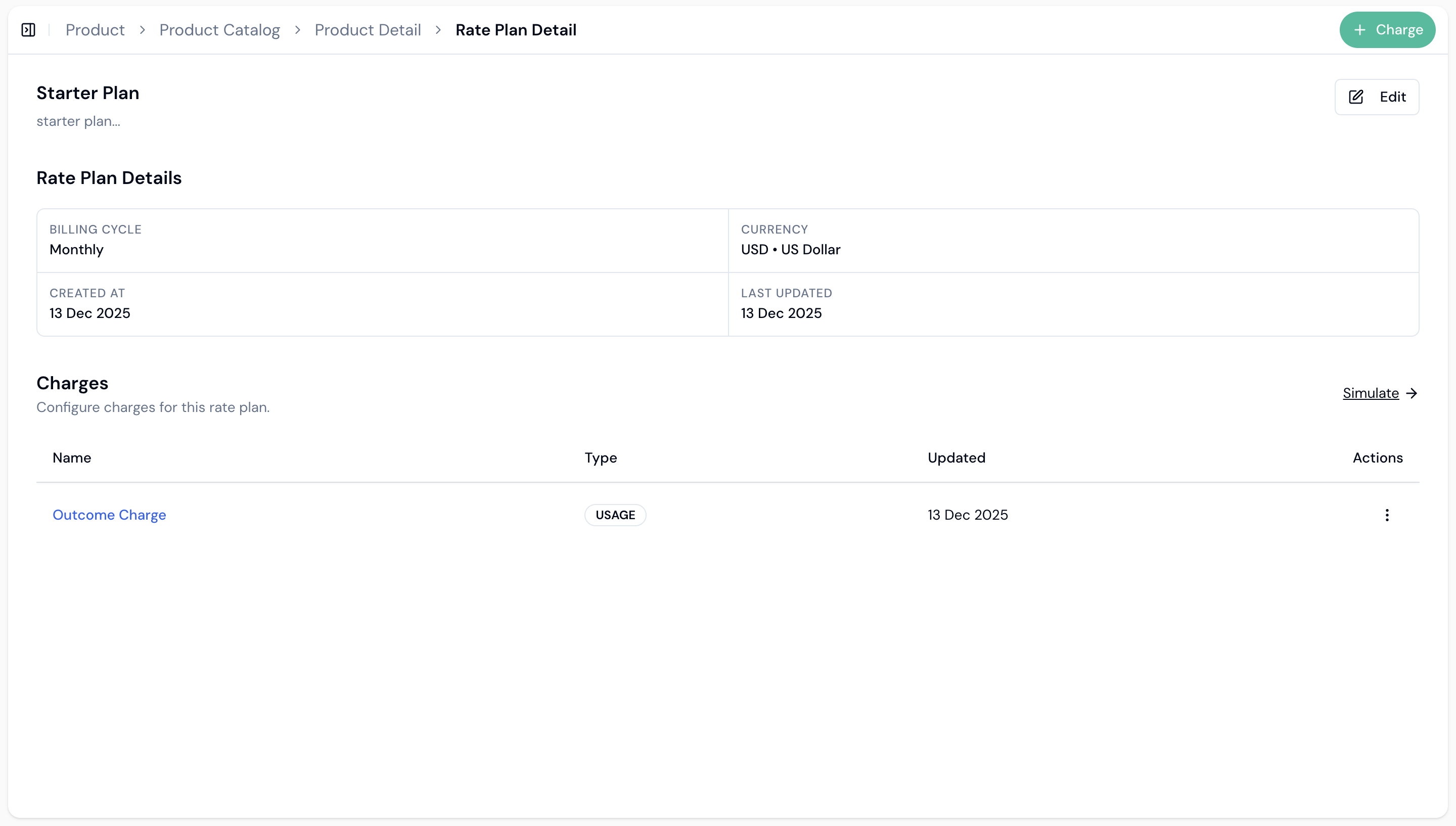Product detail page showing rate plan with charges