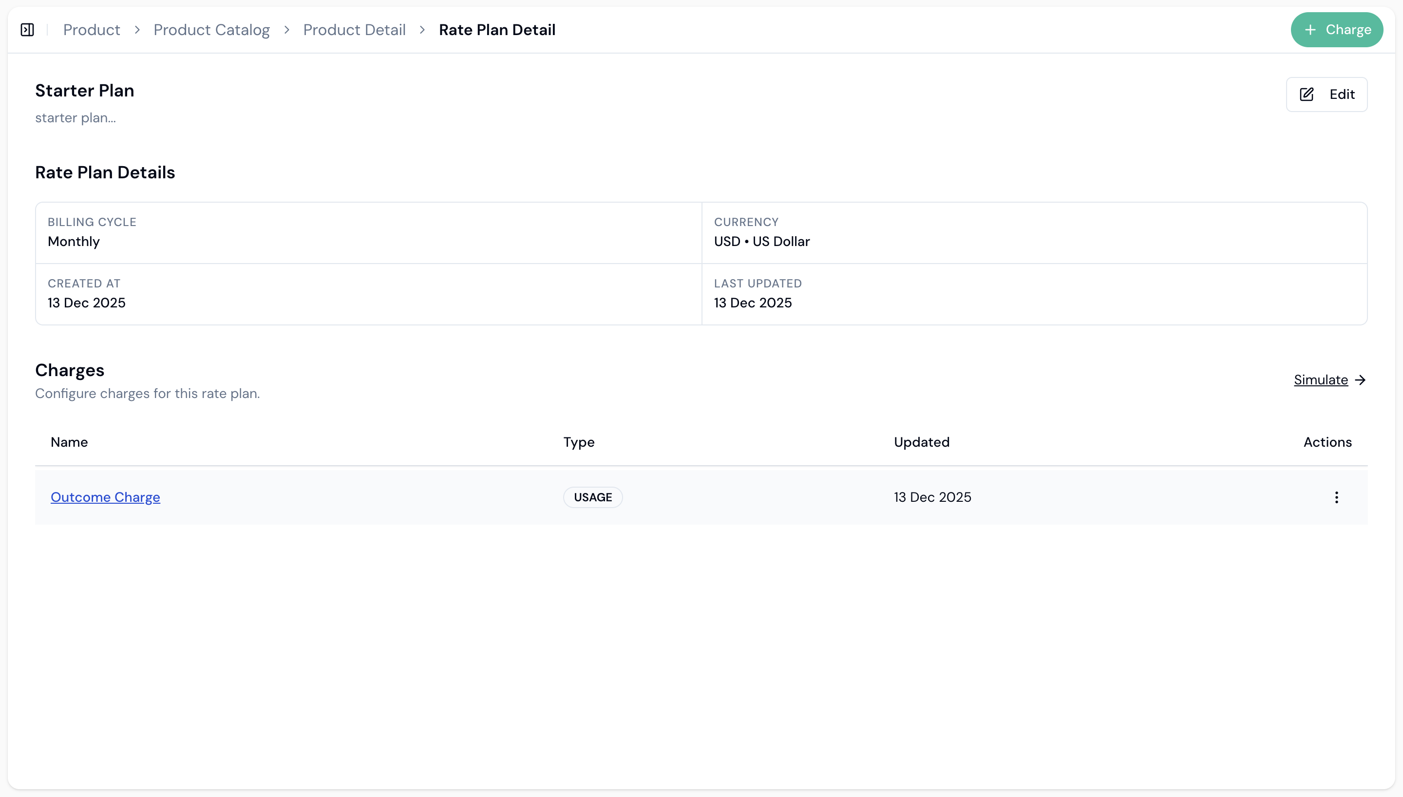 Product detail page showing rate plan with charge added
