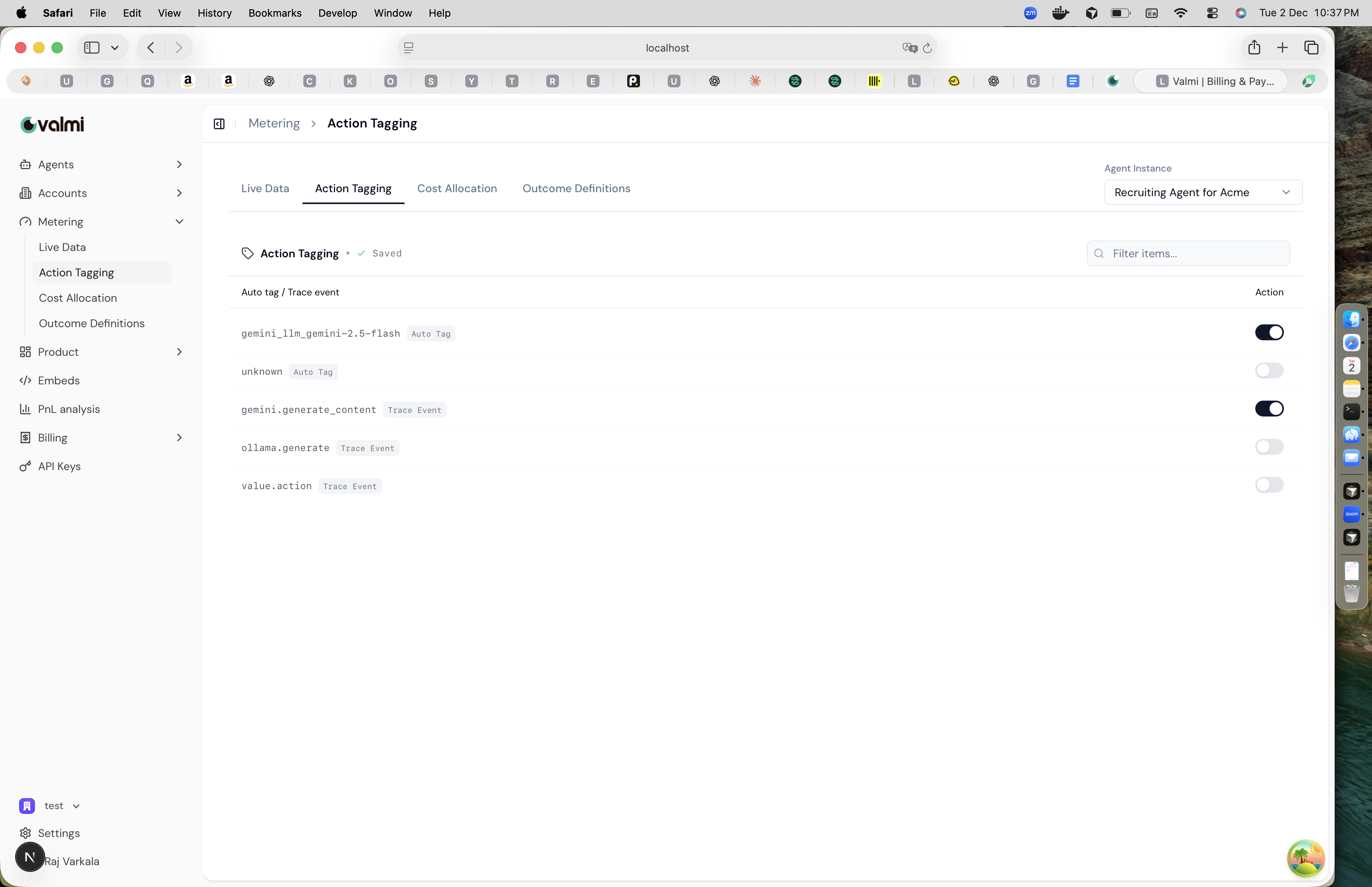 Action Tagging interface showing auto tags and trace events