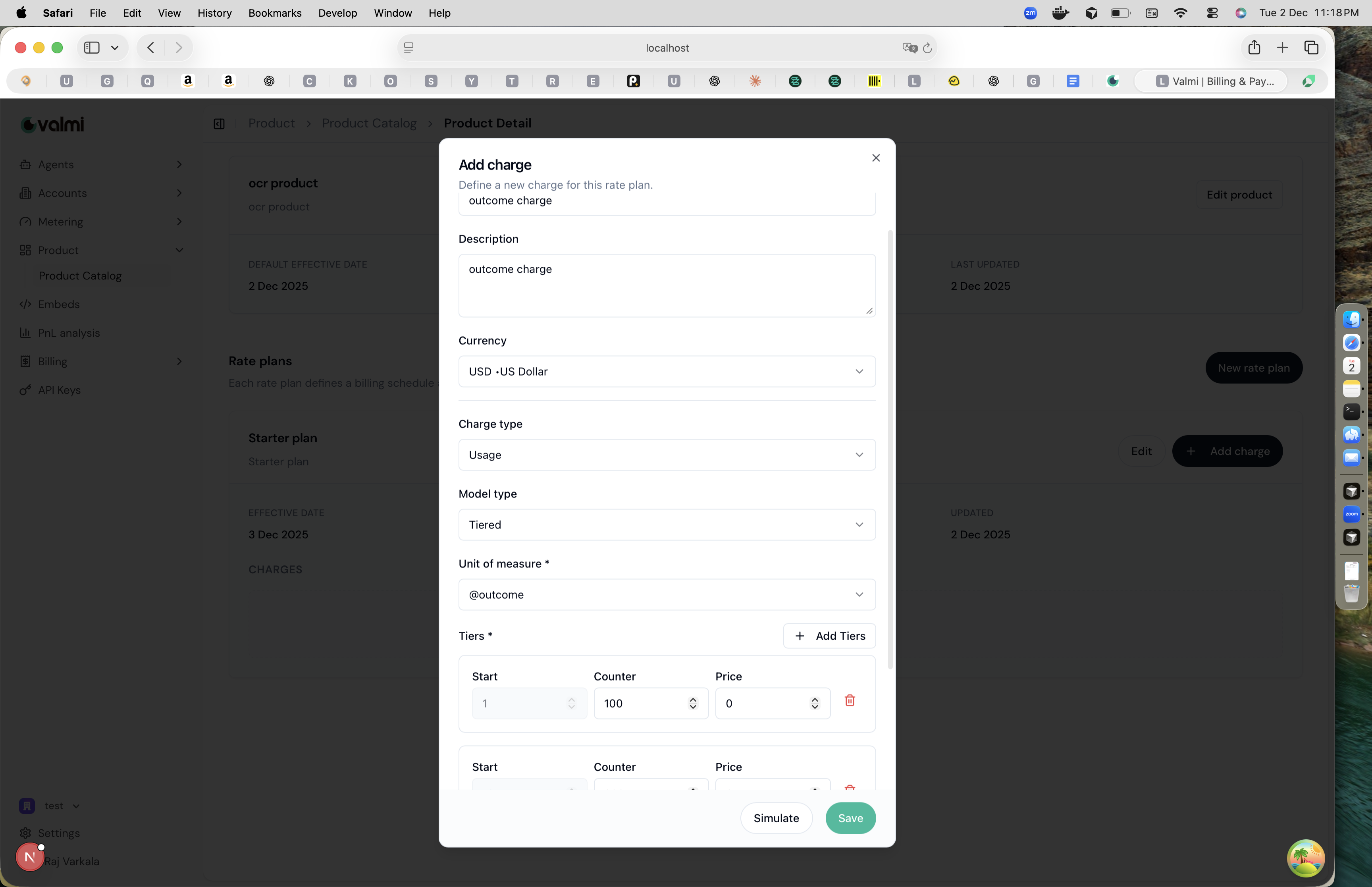 Add charge modal with charge configuration form