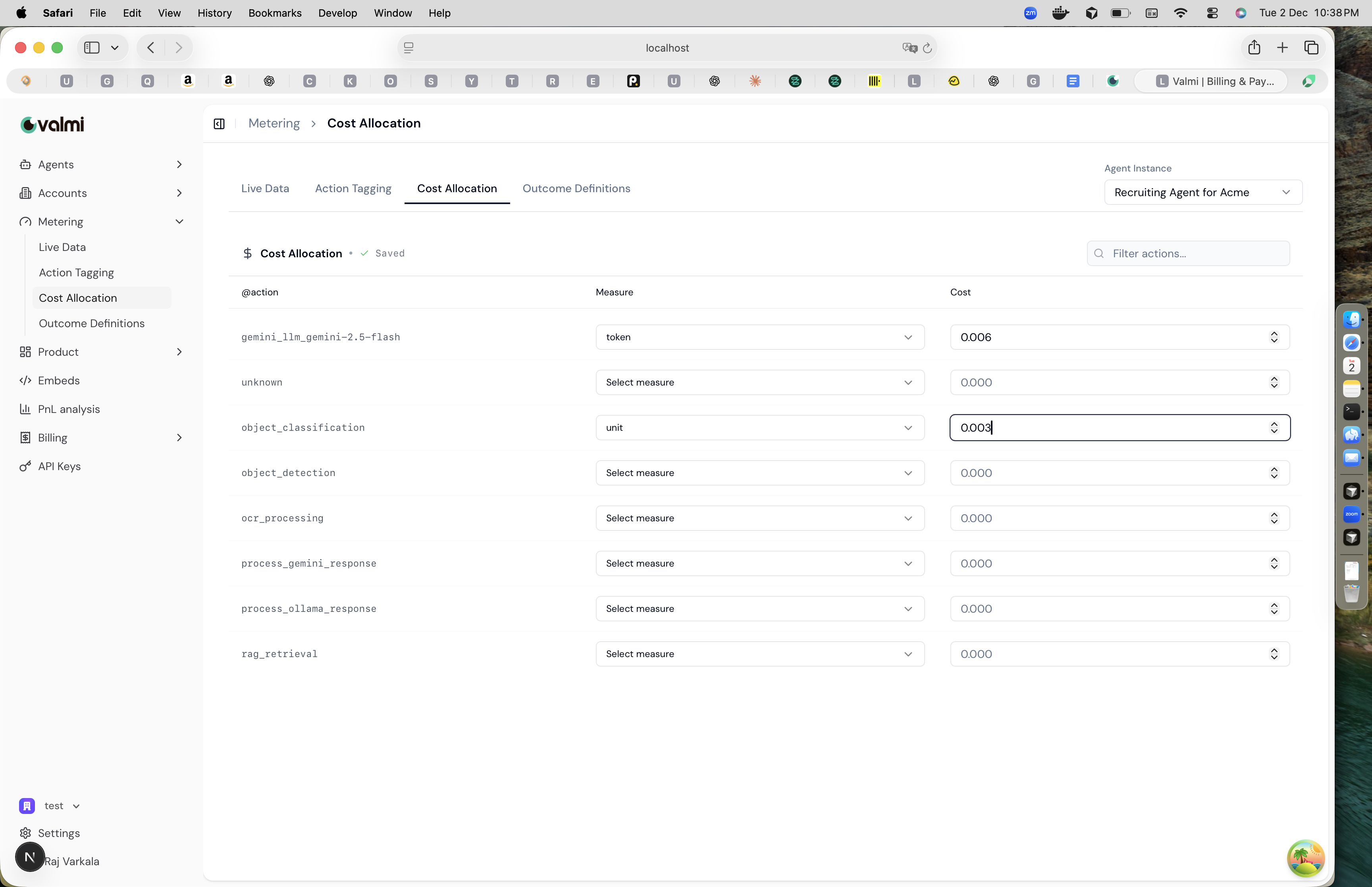 Cost Allocation interface showing actions with measure and cost fields