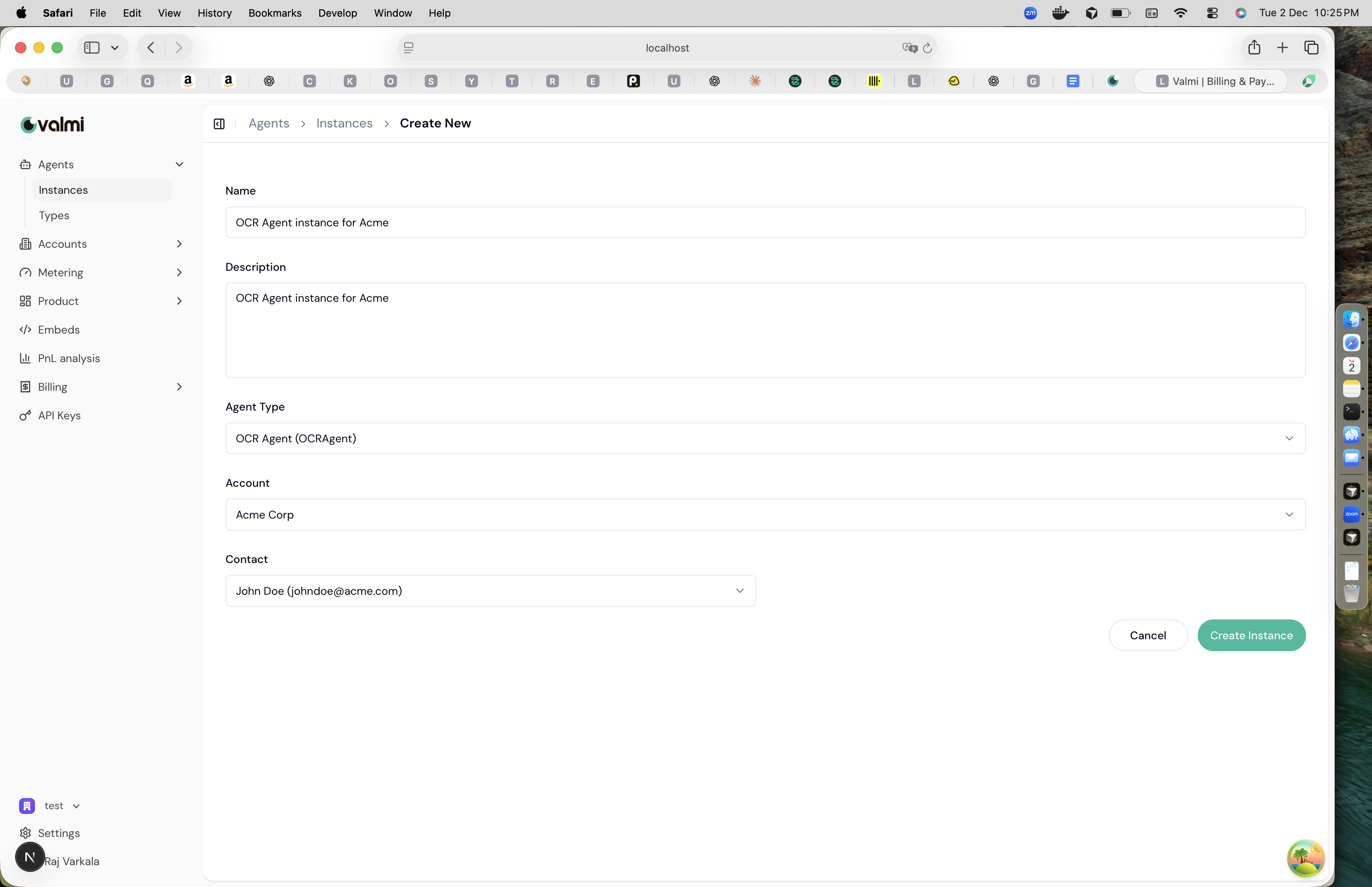 Create Agent Instance form