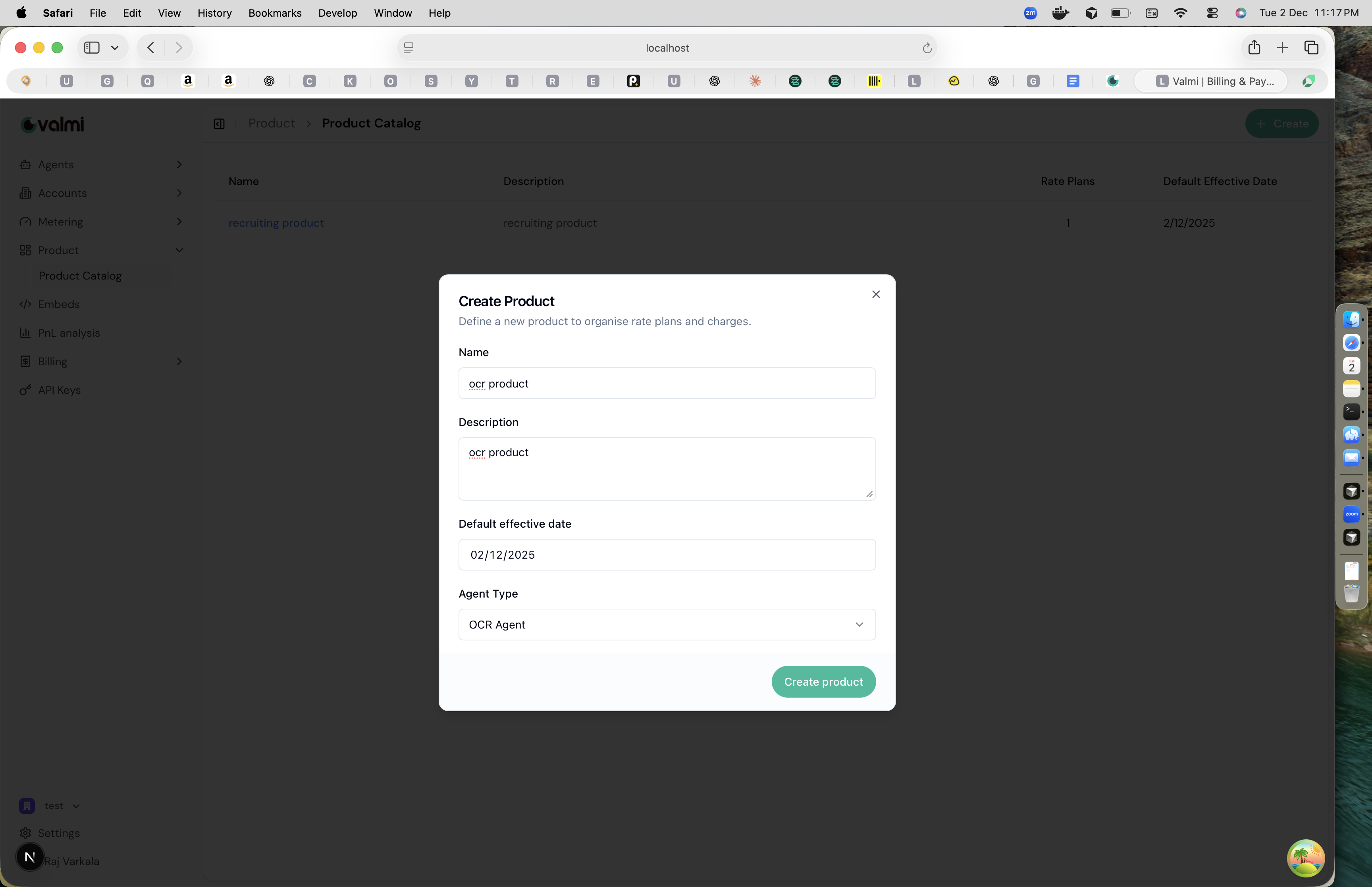 Create Product modal with product details form