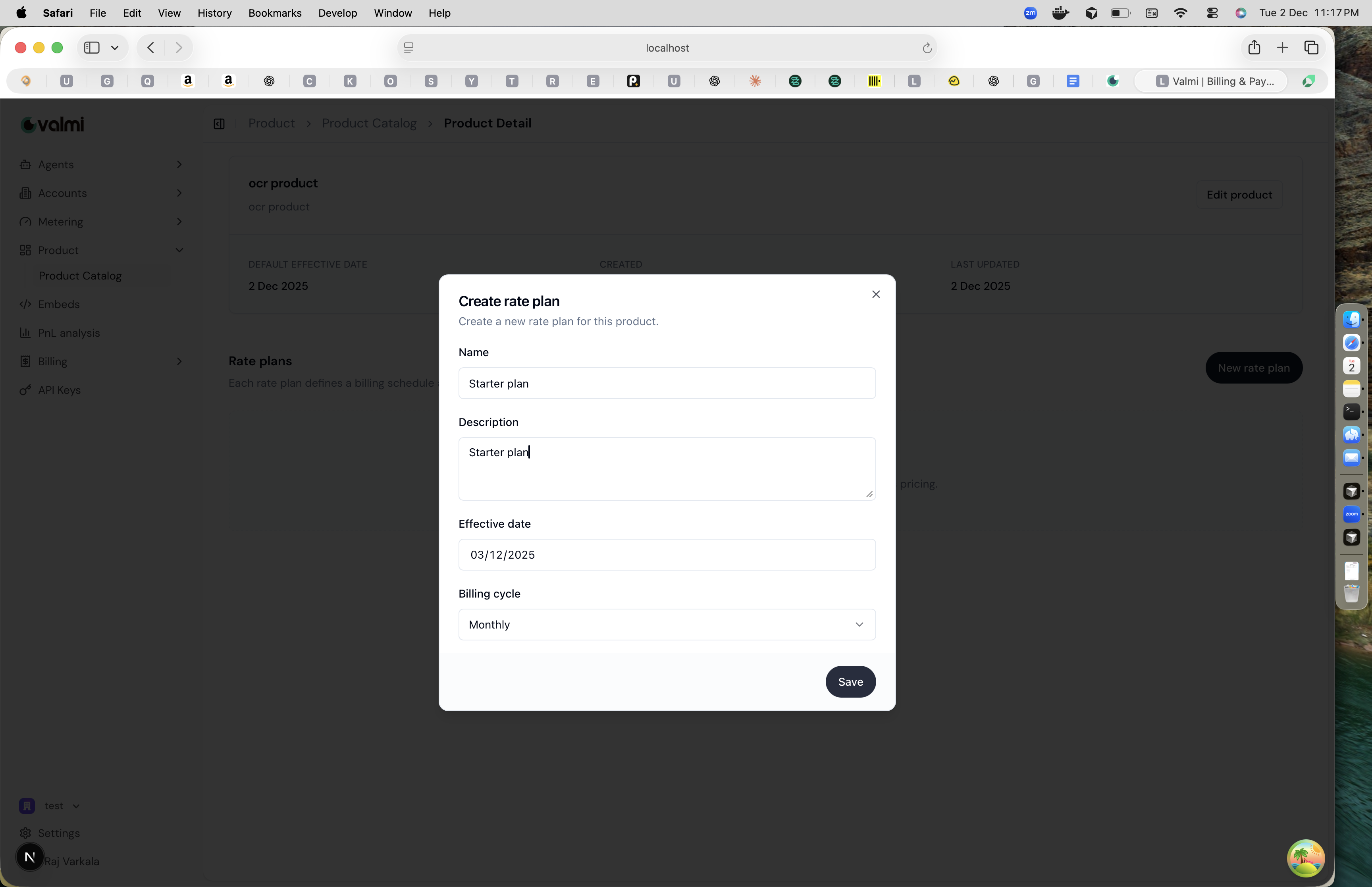 Create rate plan modal with plan details form