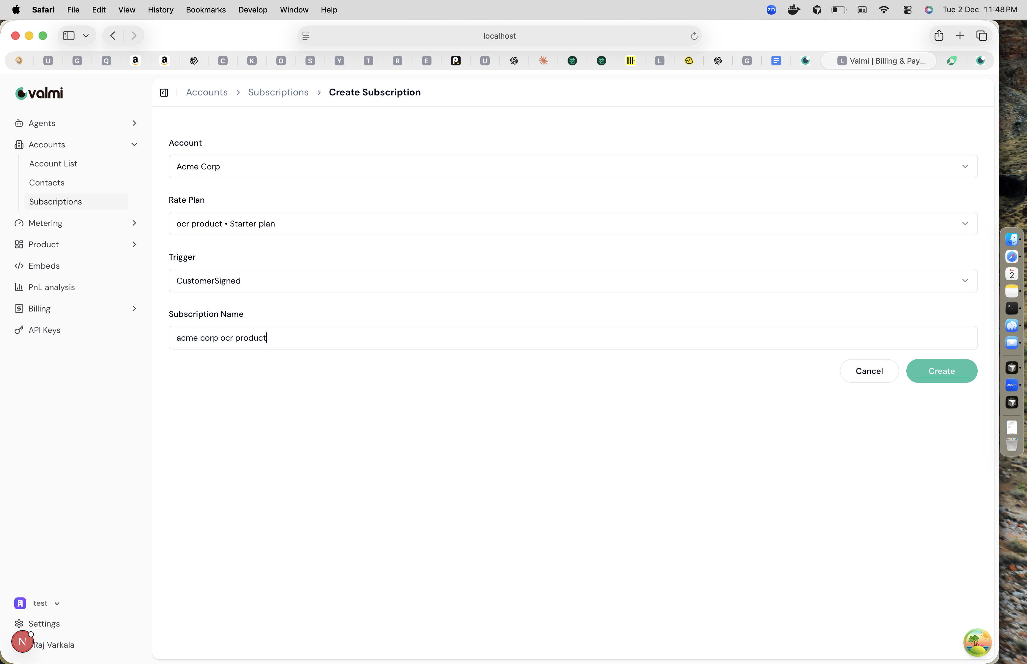 Create subscription form with account, rate plan, trigger, and name fields