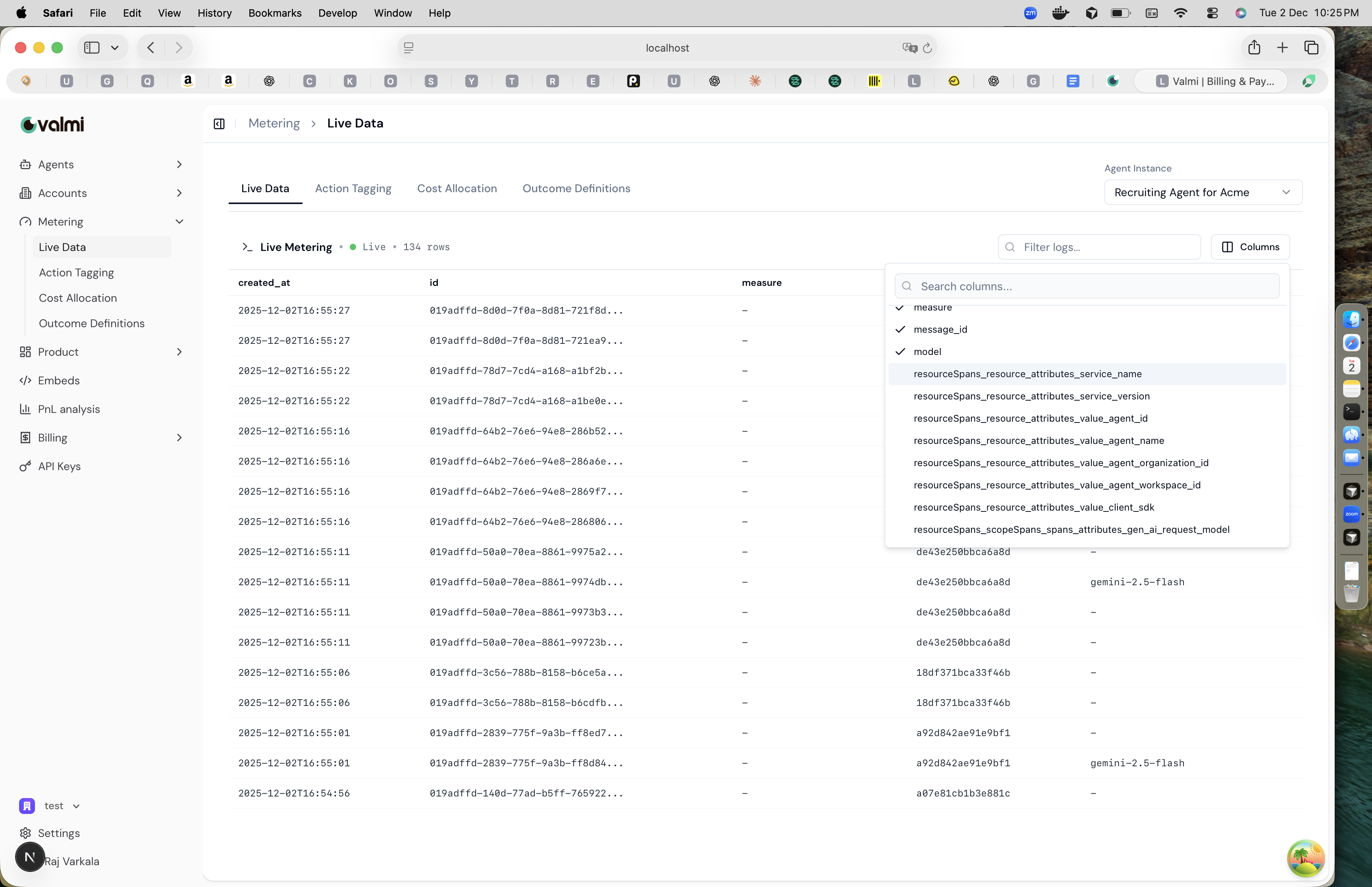Live Data view showing real-time metering events