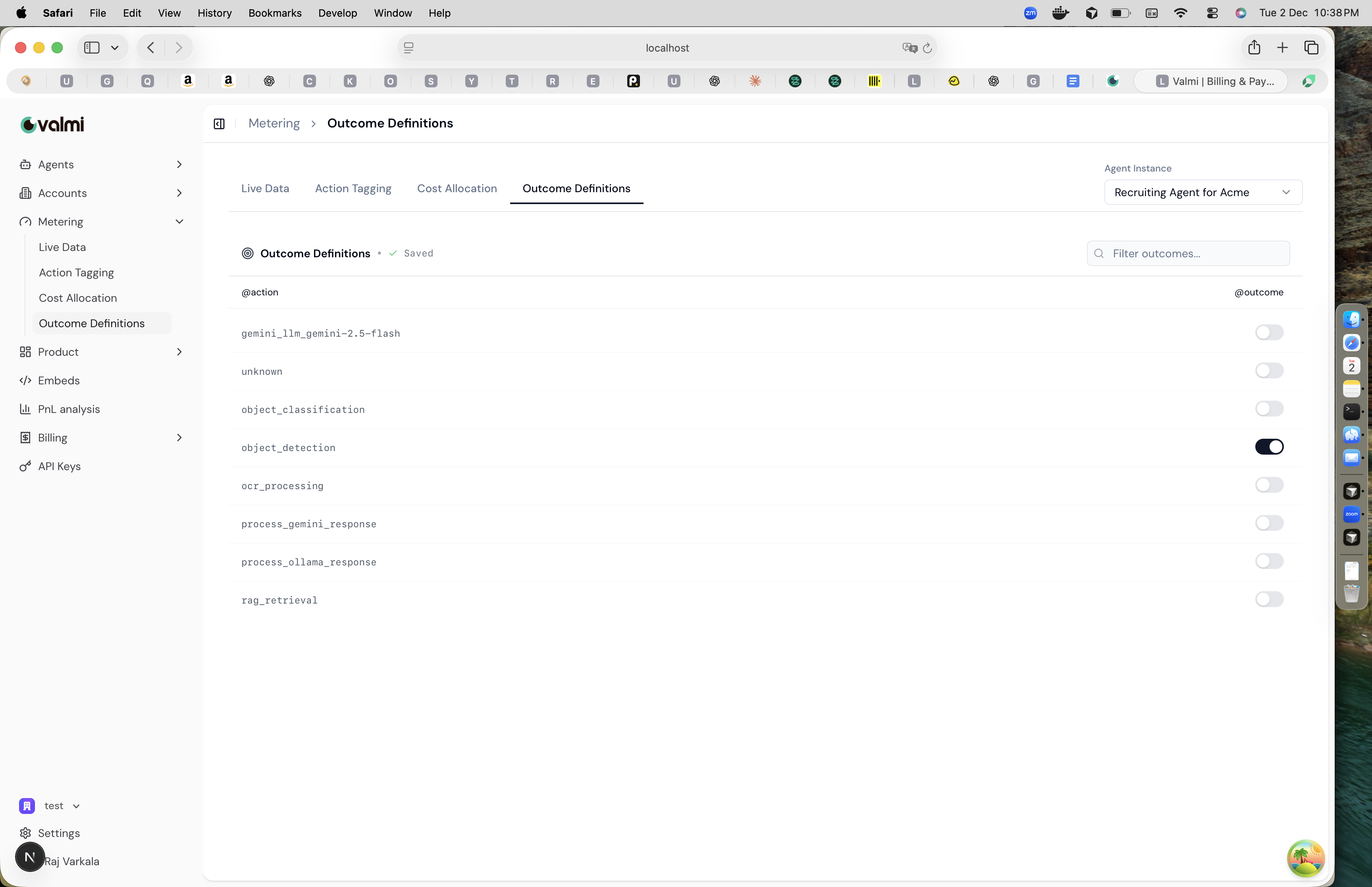 Outcome Definitions interface showing actions with outcome toggles