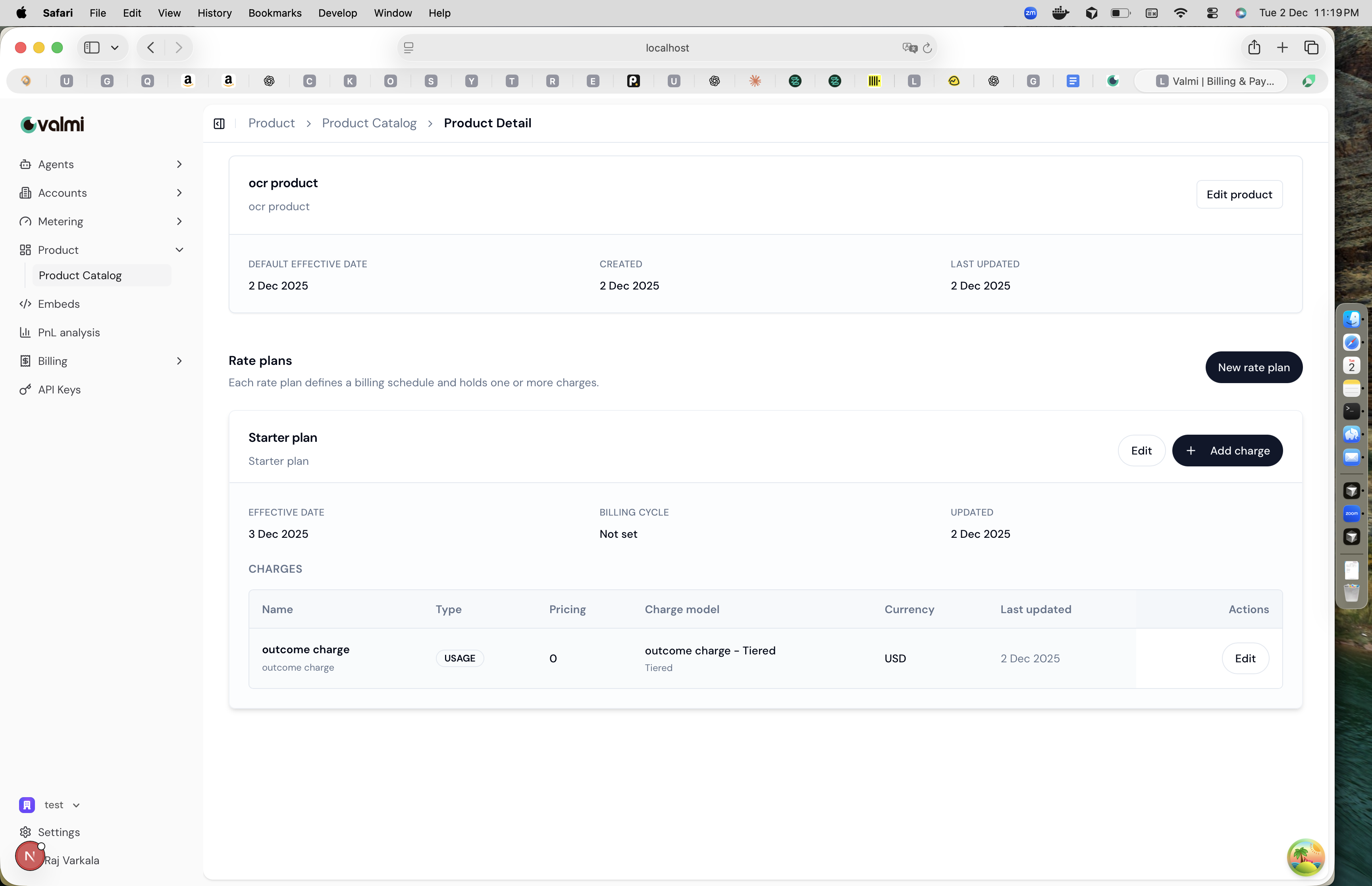Product detail page showing rate plan with charge added