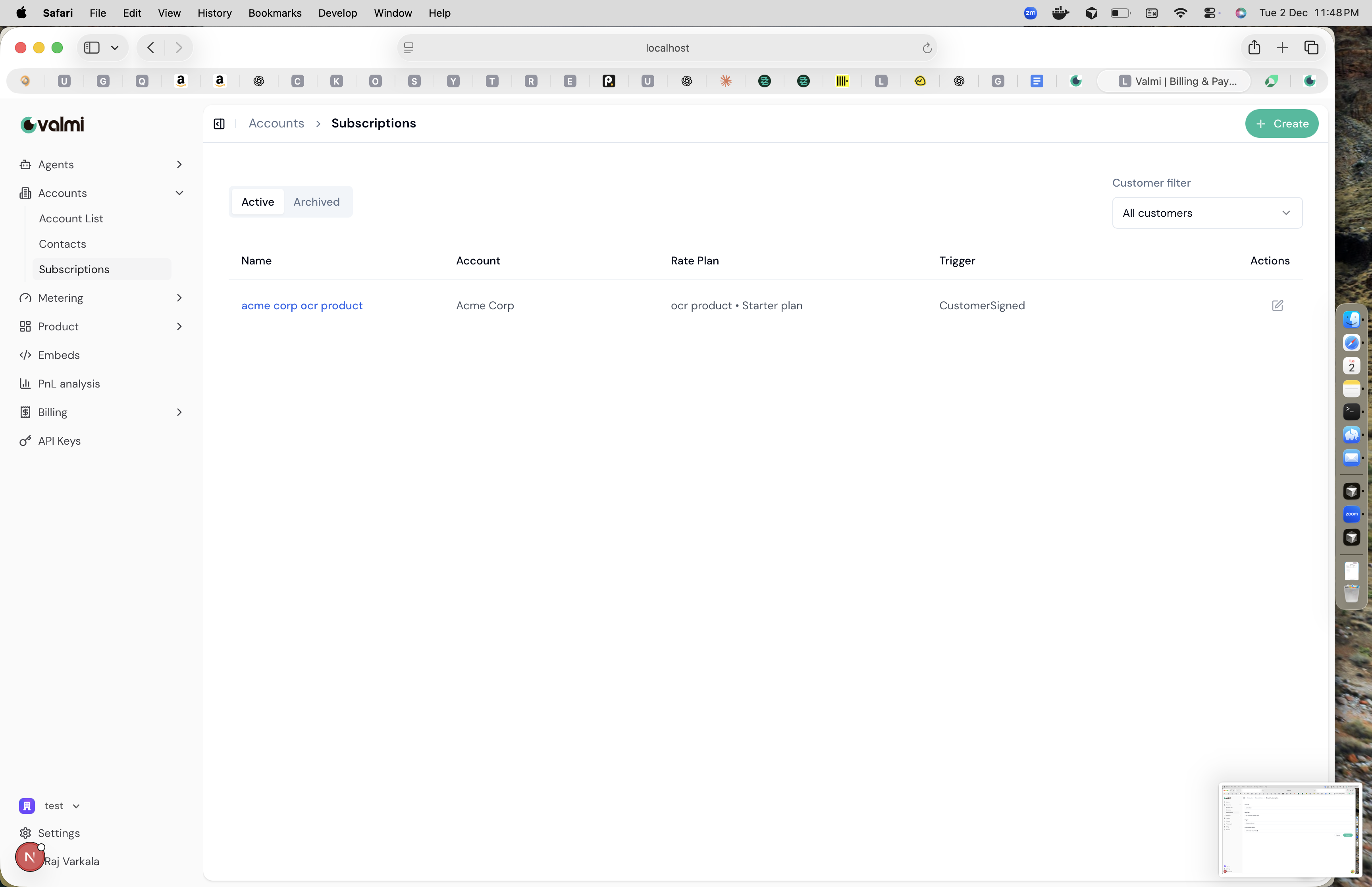 Subscriptions list showing active subscriptions