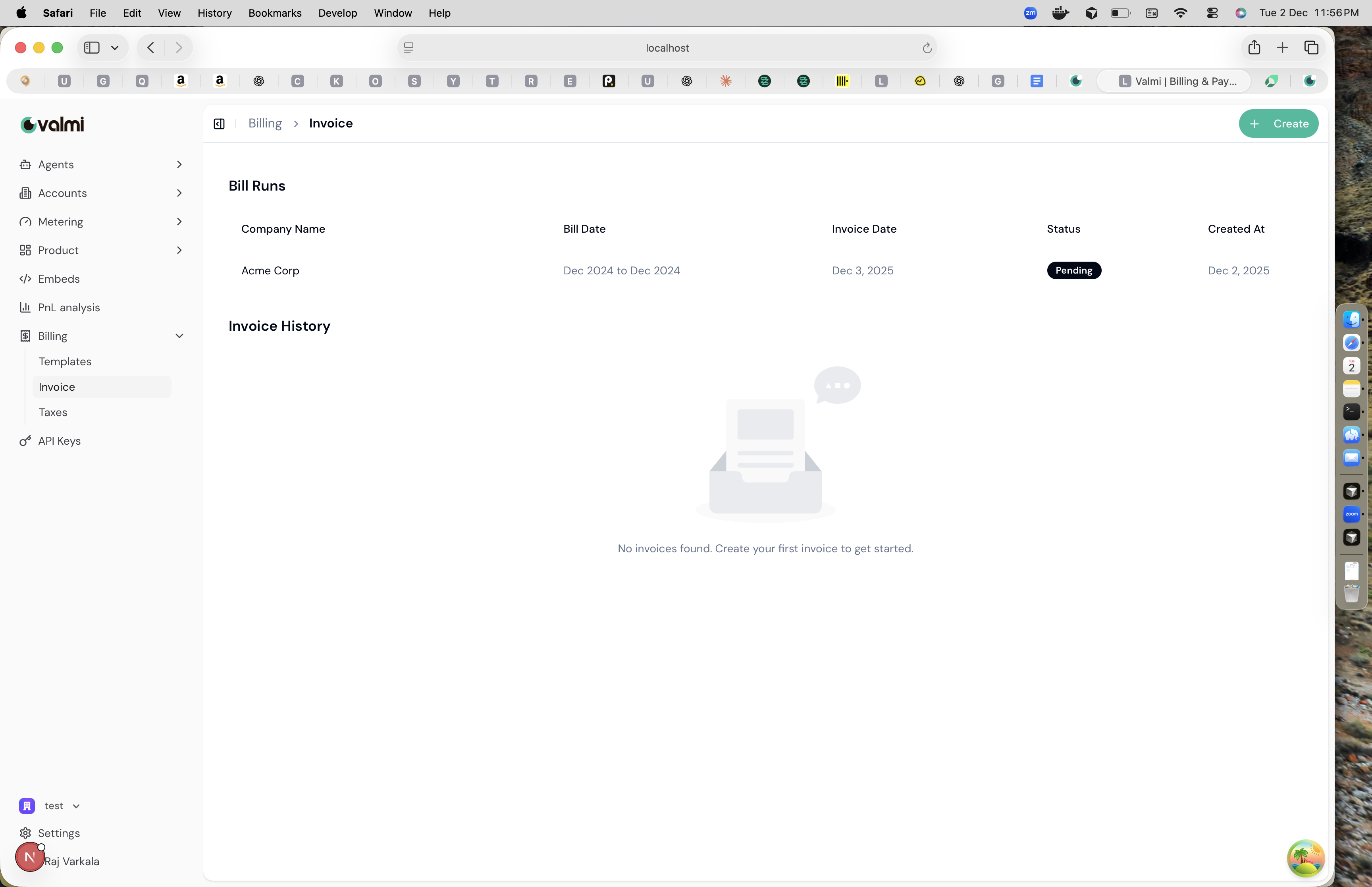 Invoice page showing bill runs table and invoice history section