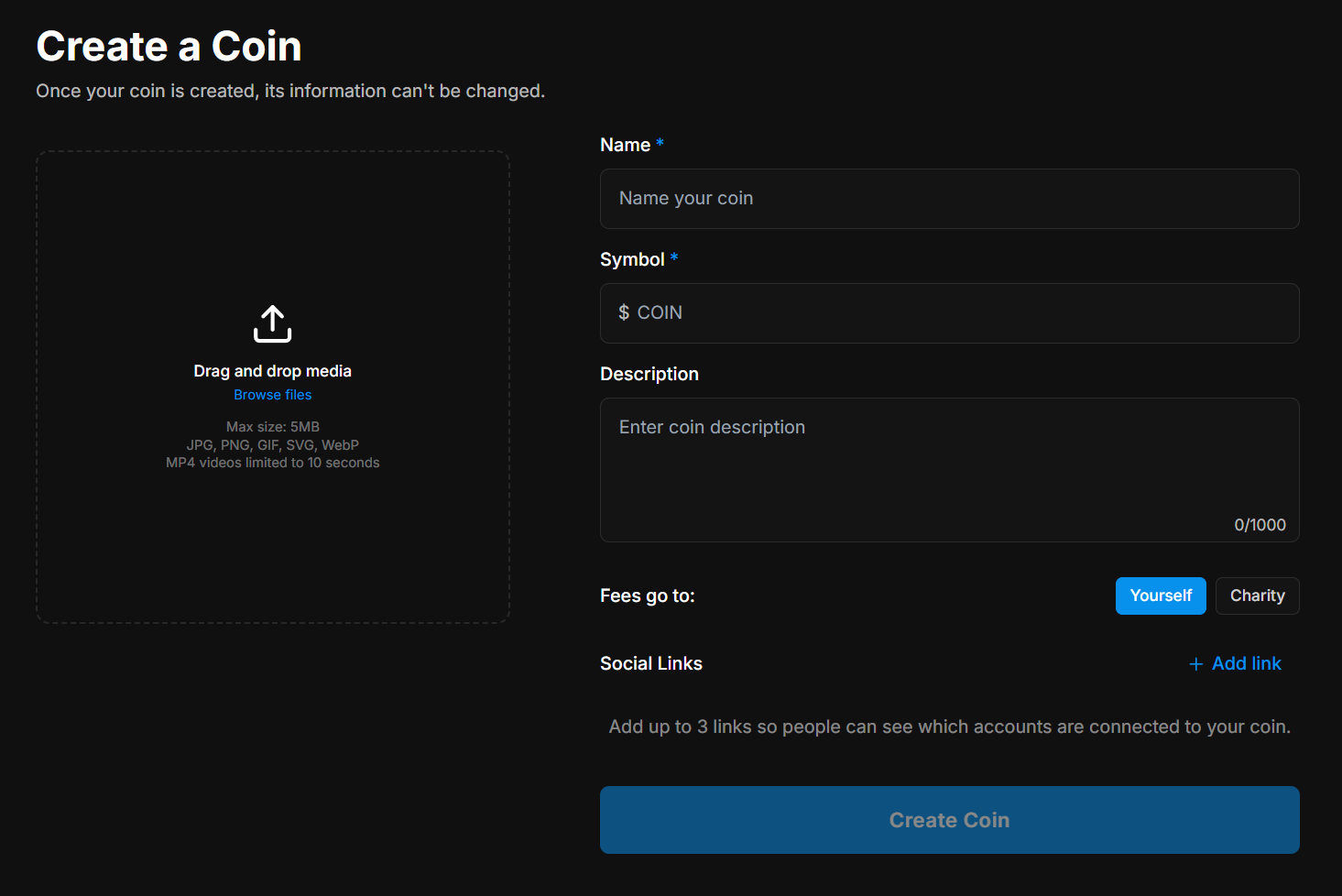 Create a Coin interface showing form fields for name, symbol, description, and media upload