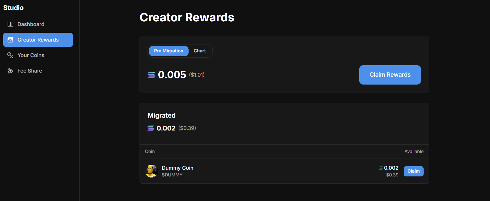 Creator Rewards page showing pre-migration and post-migration rewards with claim options