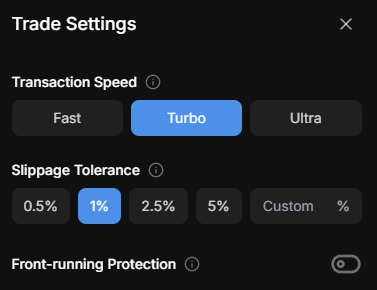 Trade settings modal showing transaction speed options, slippage tolerance, and front-running protection toggle