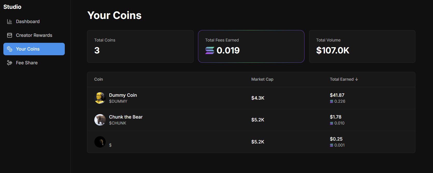 Your Coins page showing portfolio overview and coin table with earnings and market cap