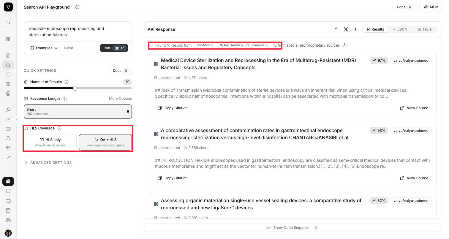 Search results with blended coverage, showing a mix of PubMed and Wiley Health and Life Sciences results