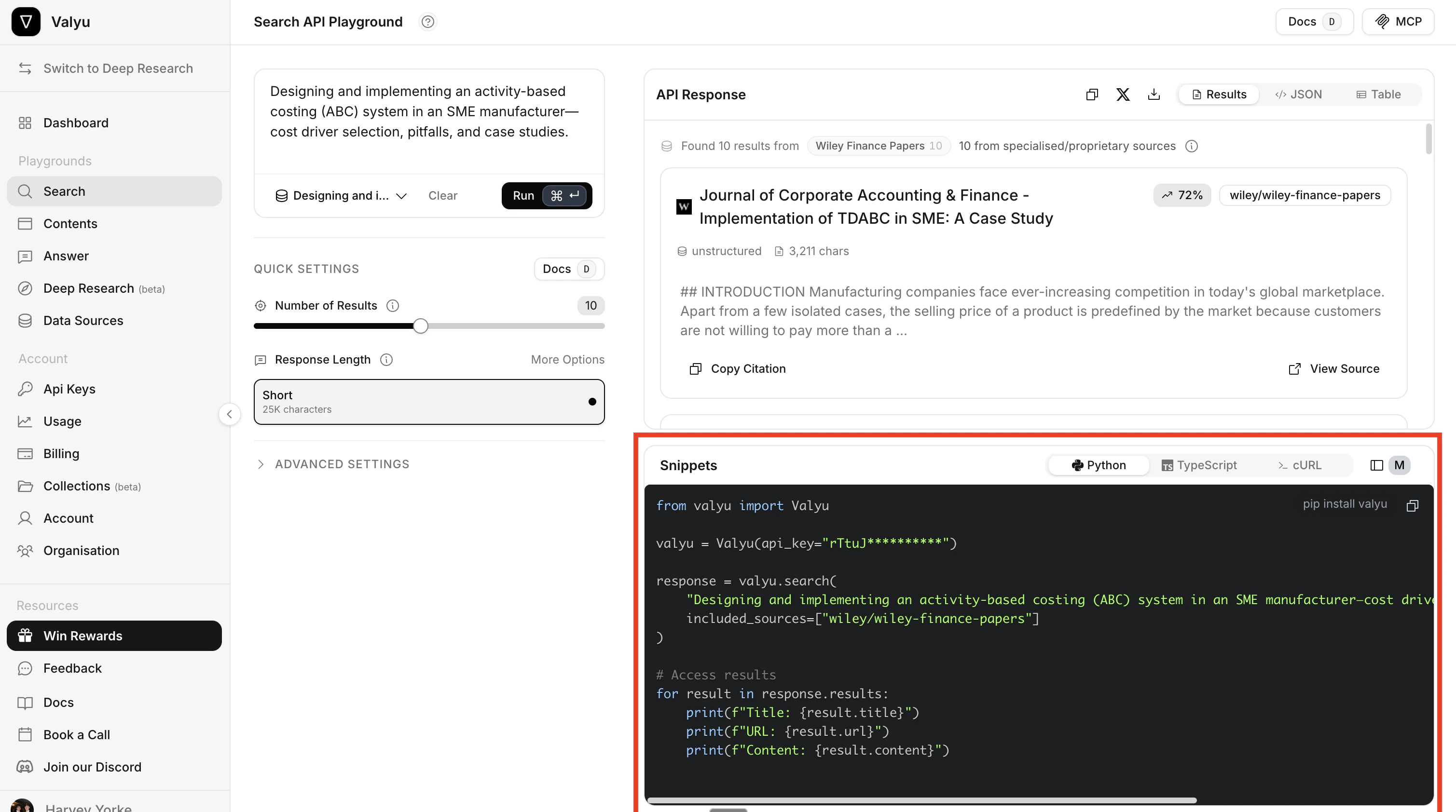 Code snippet panel showing Python code for the Wiley finance search