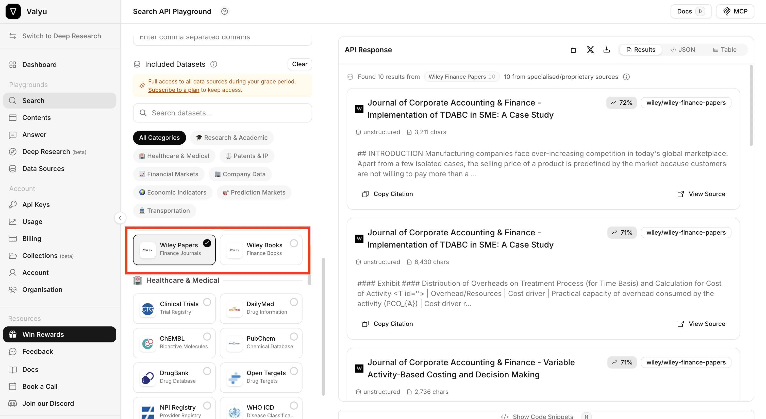 Select Wiley Papers and Wiley Books datasets in the dataset selector