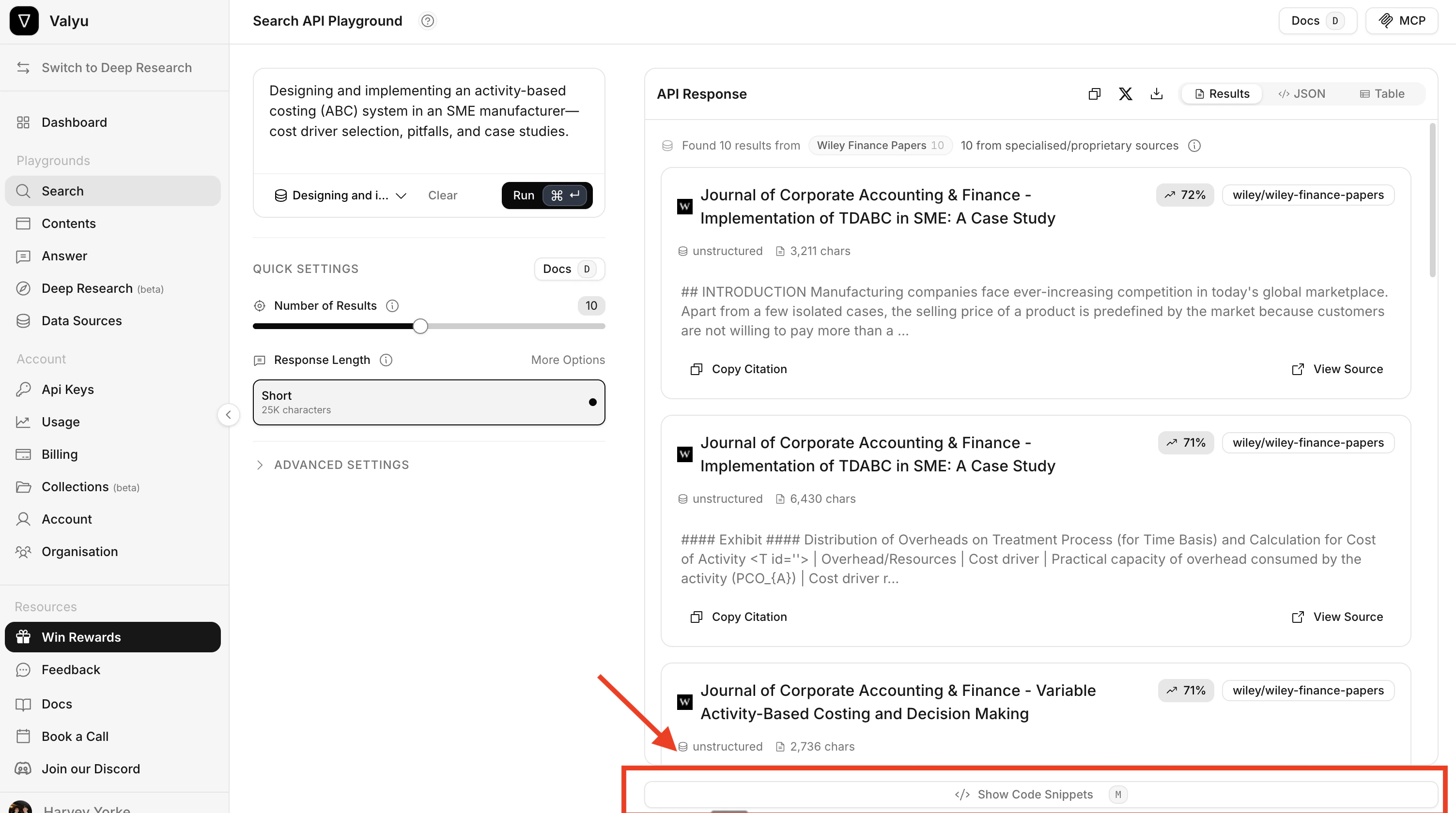 Click Show Code Snippets at the bottom of the results panel