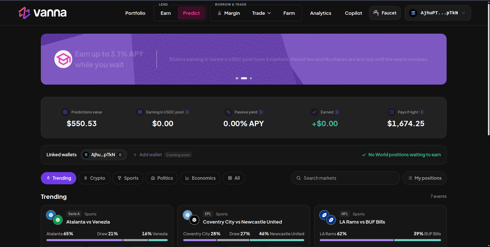 Predict page with an Earn up to APY banner, Predictions value, Earning in USDC pool, Passive yield, Earned and Pays if right cards, and Trending event cards
