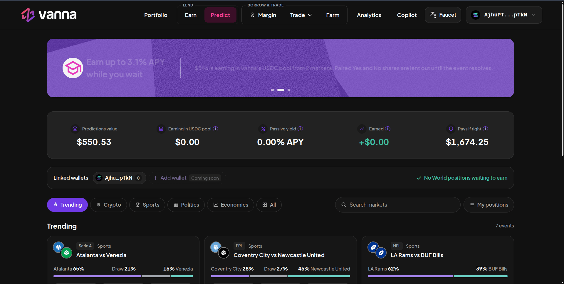 Predict page with an Earn up to APY banner, Predictions value, Earning in USDC pool, Passive yield, Earned and Pays if right cards, and Trending event cards