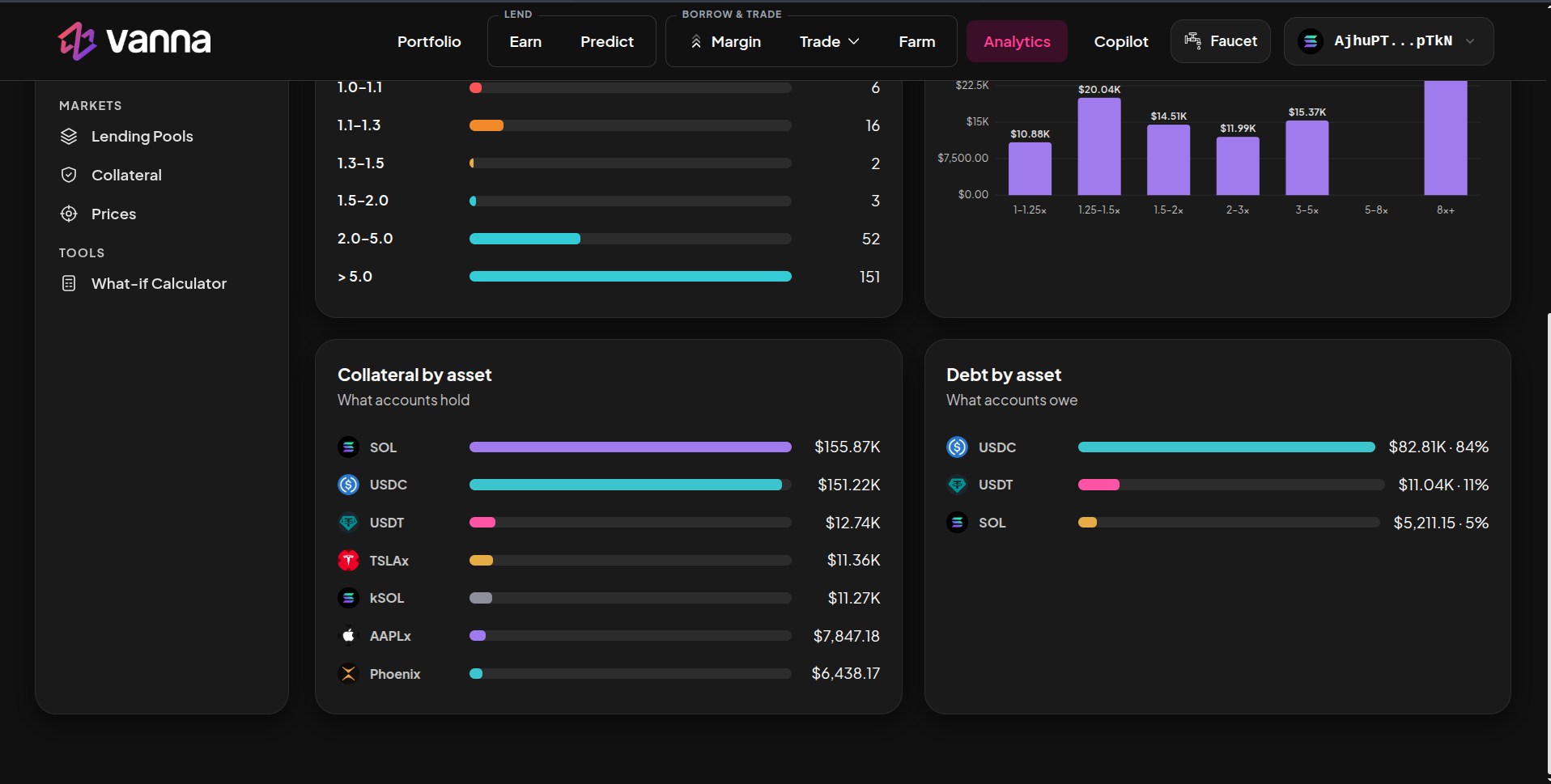 Collateral by asset list (SOL, USDC, USDT, TSLAx, kSOL, AAPLx, Phoenix) and Debt by asset (USDC, USDT, SOL)