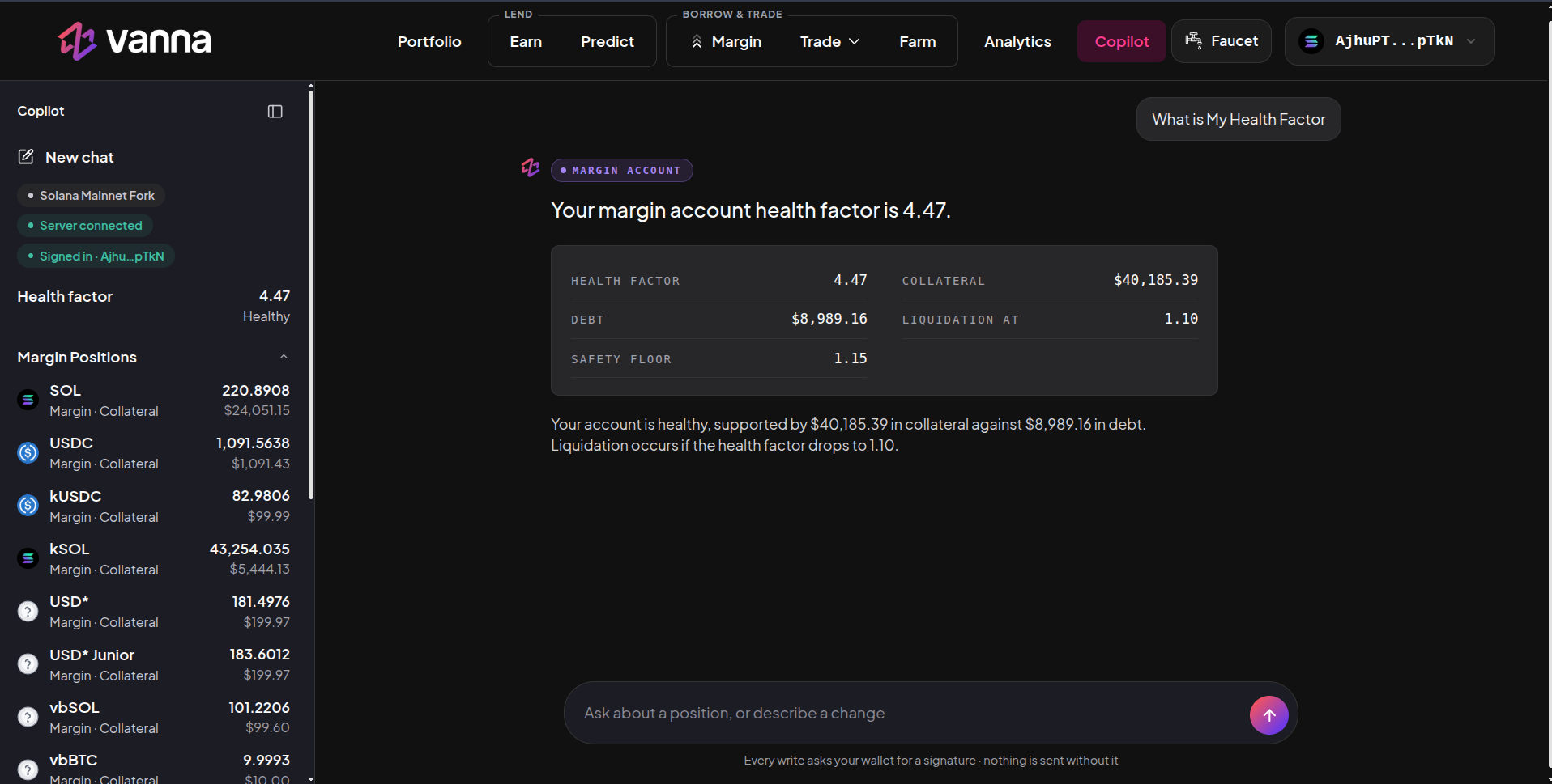 Copilot page answering What is my health factor with a card showing health factor 4.47, collateral, debt, liquidation at 1.10 and safety floor 1.15, and a sidebar of margin positions