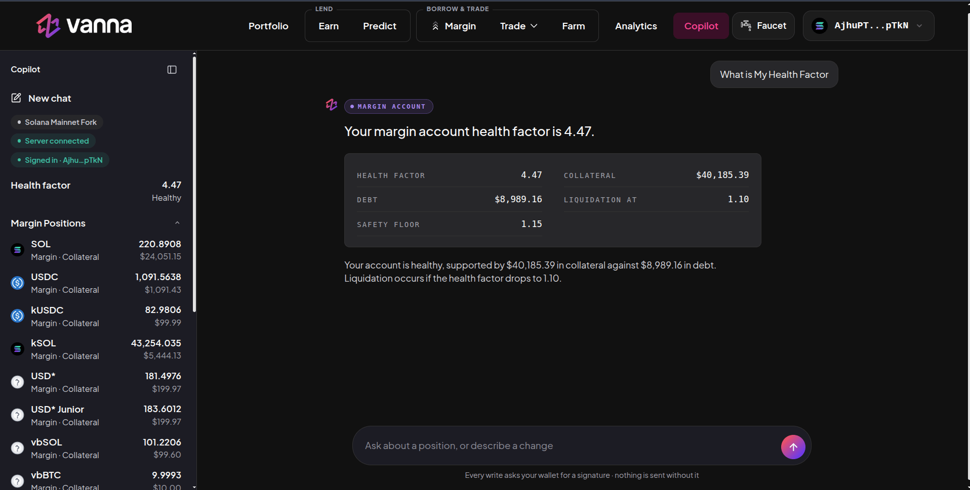 Copilot page answering What is my health factor with a card showing health factor 4.47, collateral, debt, liquidation at 1.10 and safety floor 1.15, and a sidebar of margin positions