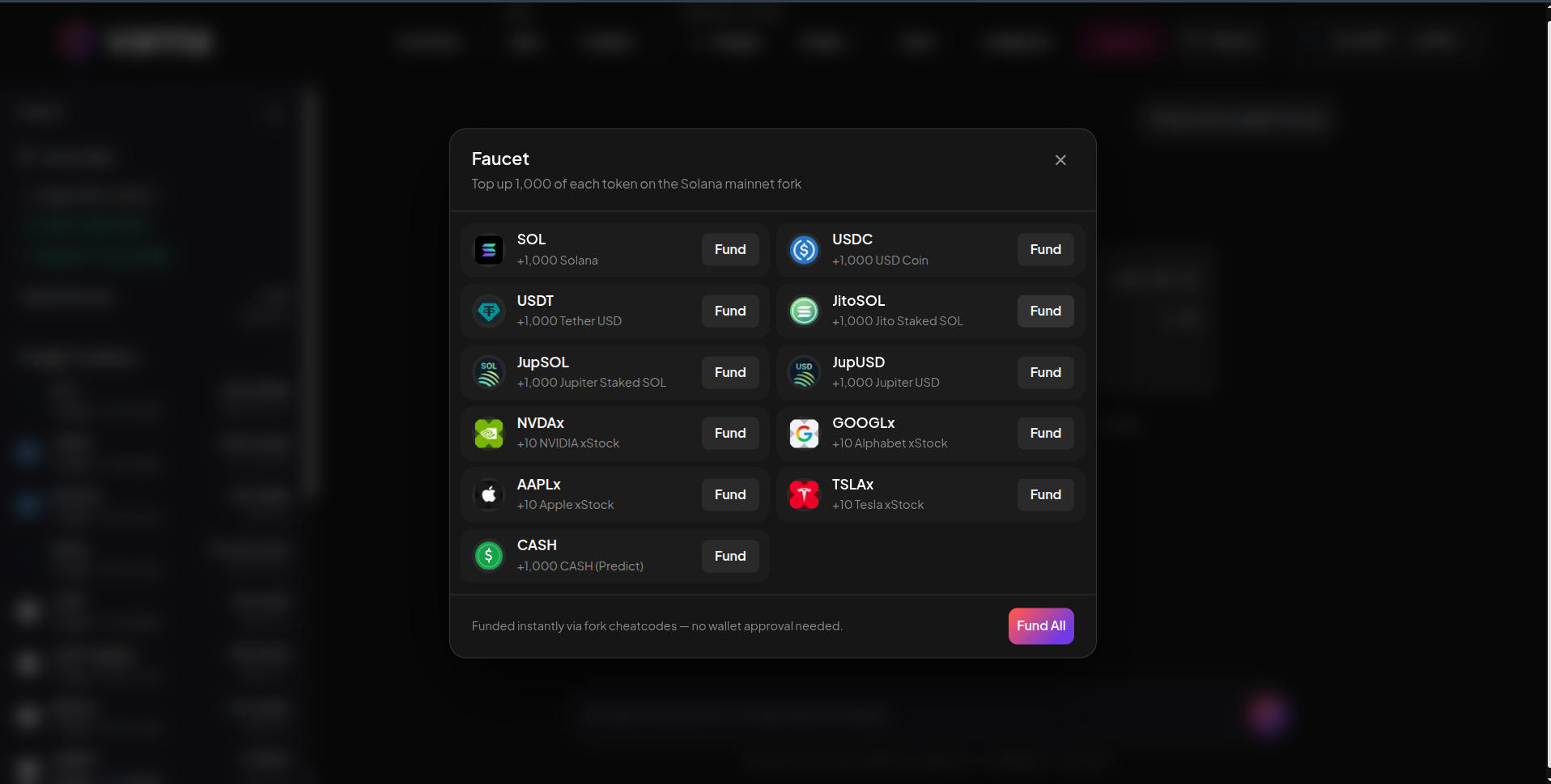 Faucet modal listing SOL, USDC, USDT, JitoSOL, JupSOL, JupUSD, NVDAx, GOOGLx, AAPLx, TSLAx and CASH with Fund buttons