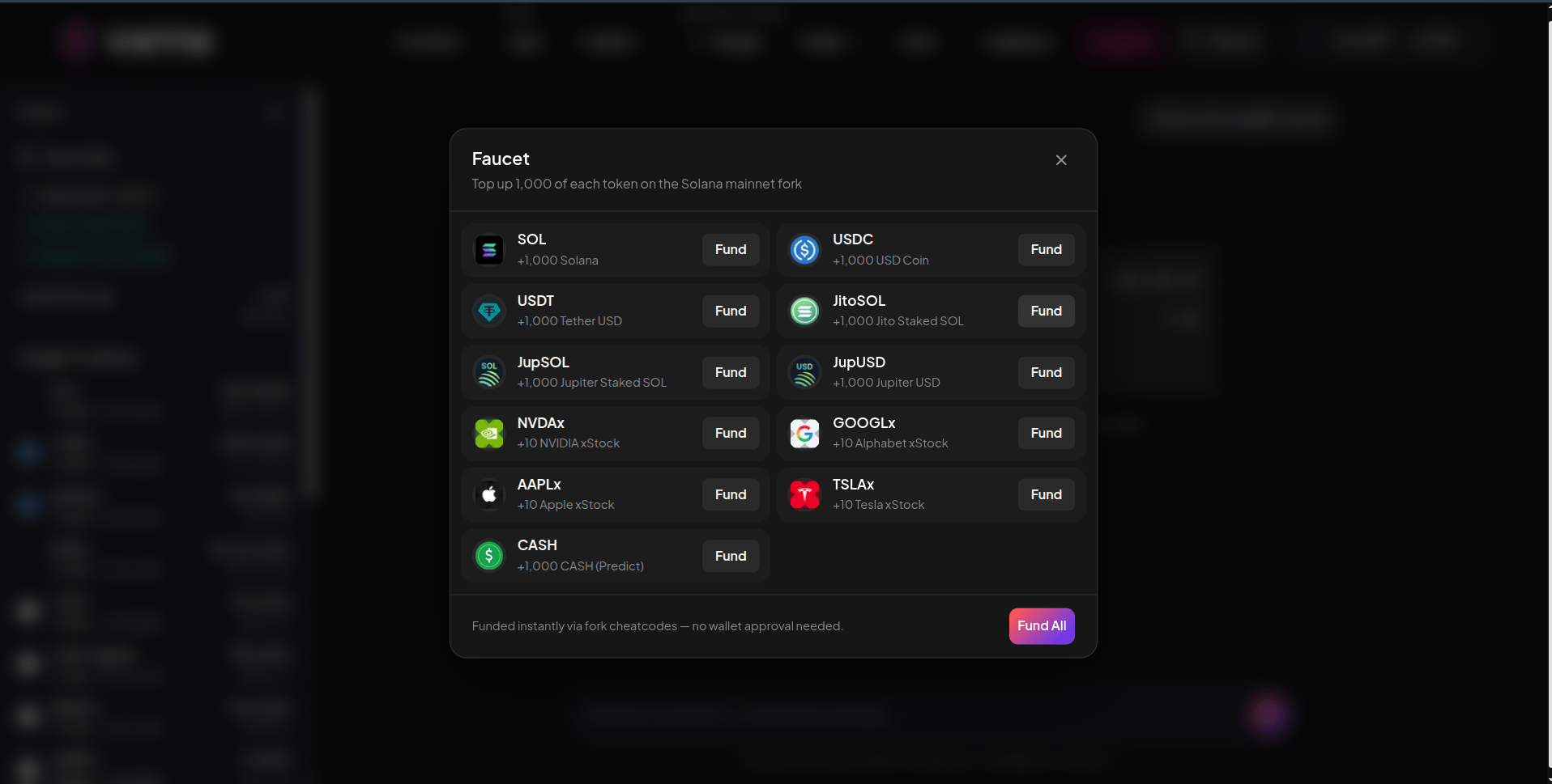 Faucet modal listing SOL, USDC, USDT, JitoSOL, JupSOL, JupUSD, NVDAx, GOOGLx, AAPLx, TSLAx and CASH with Fund buttons
