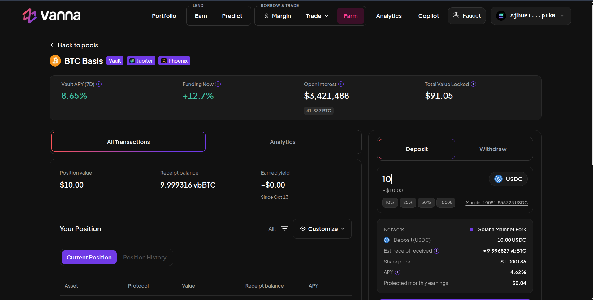 BTC Basis vault page with Vault APY (7D), Funding Now, Open Interest and Total Value Locked, position details, and a Deposit panel