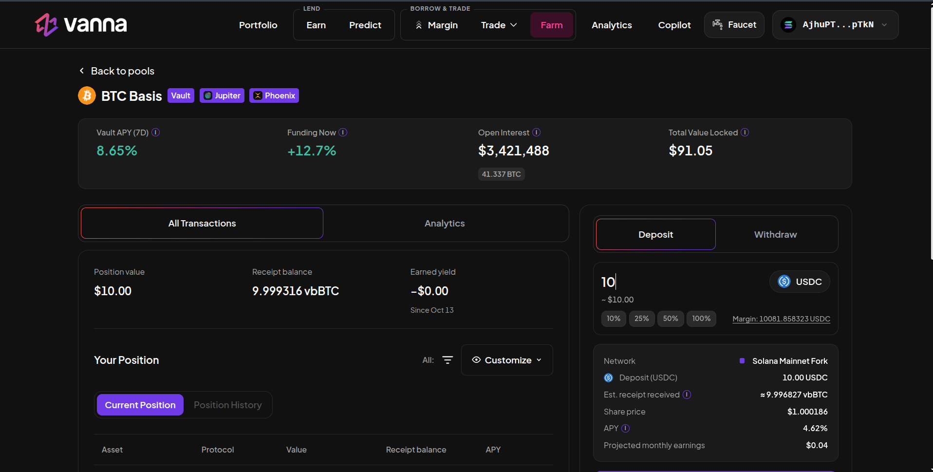BTC Basis vault page with Vault APY (7D), Funding Now, Open Interest and Total Value Locked, position details, and a Deposit panel