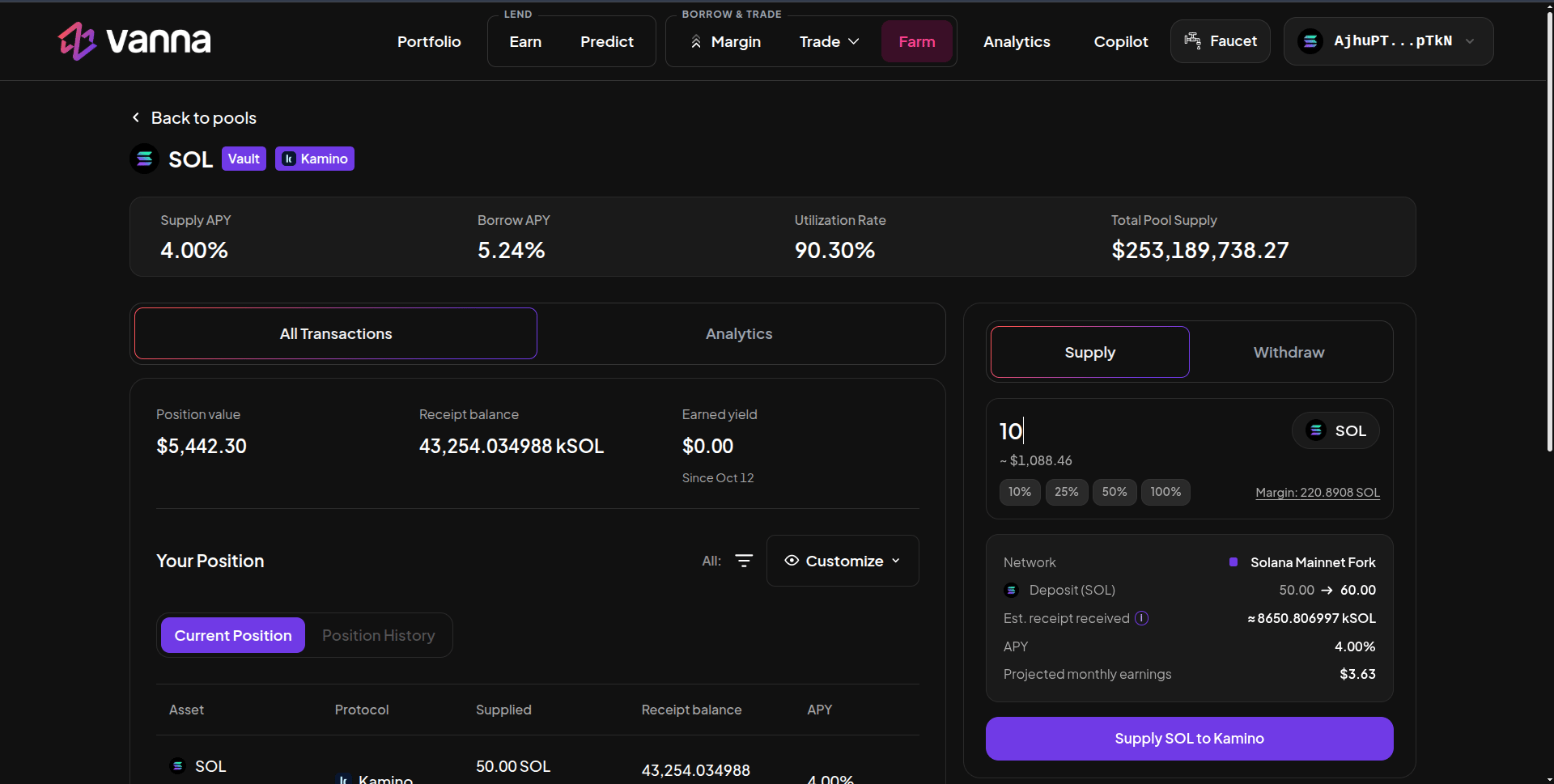 Kamino SOL vault page with Supply APY, Borrow APY, Utilization Rate and Total Pool Supply, Position value and Receipt balance, and a Supply panel previewing 10 SOL