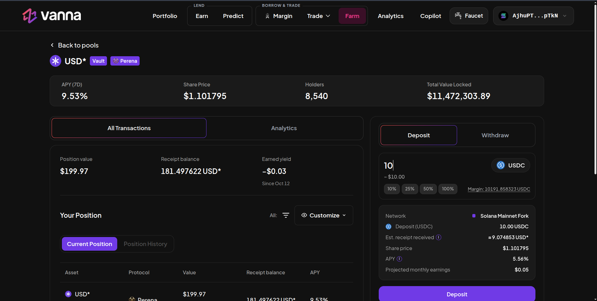 Perena USD* vault page with APY 7D, Share Price, Holders, Total Value Locked, position details and a Deposit panel for 10 USDC