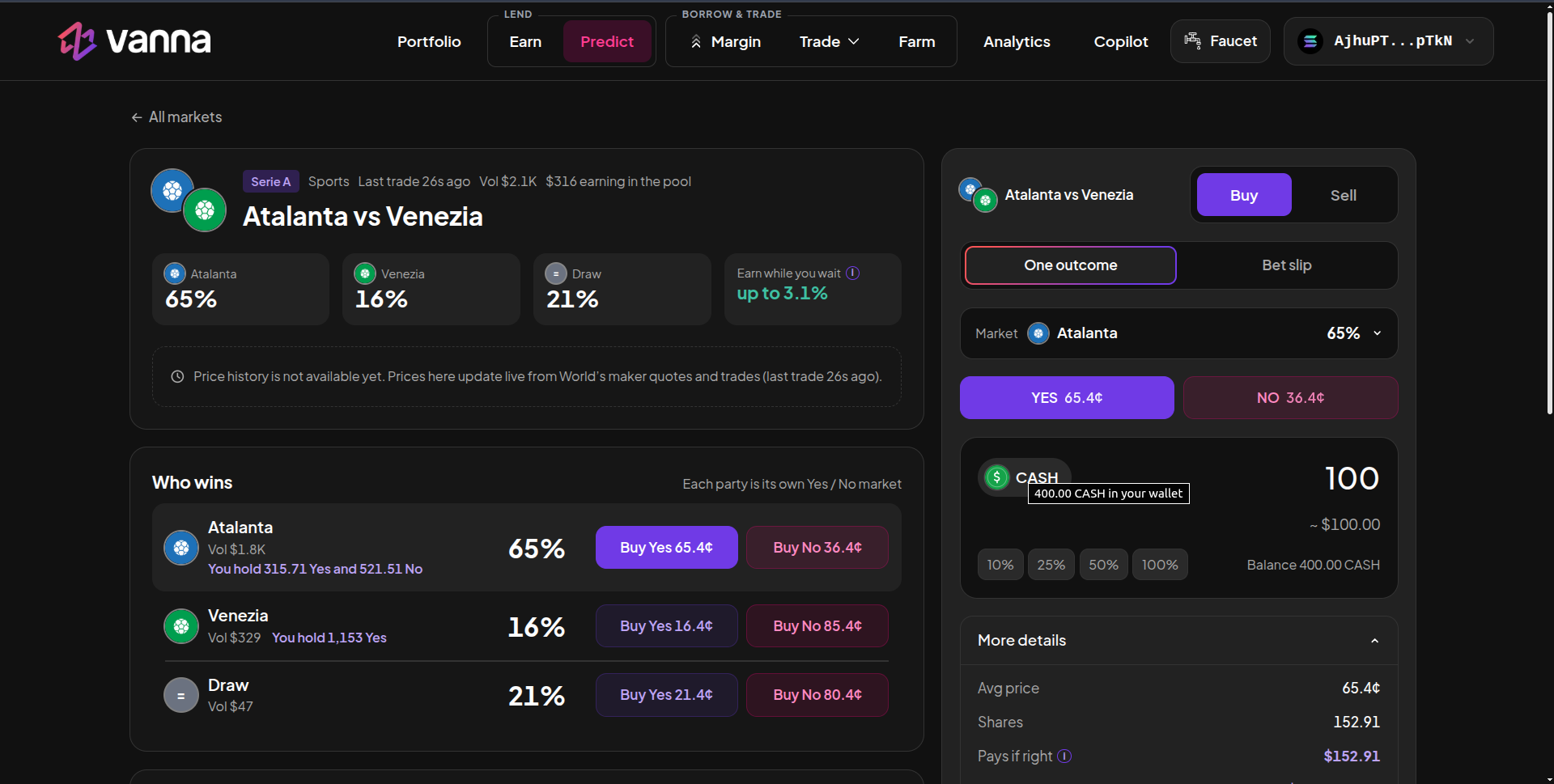 Atalanta vs Venezia event page with Who wins outcomes, Buy Yes and Buy No buttons, and a Buy panel paying with CASH