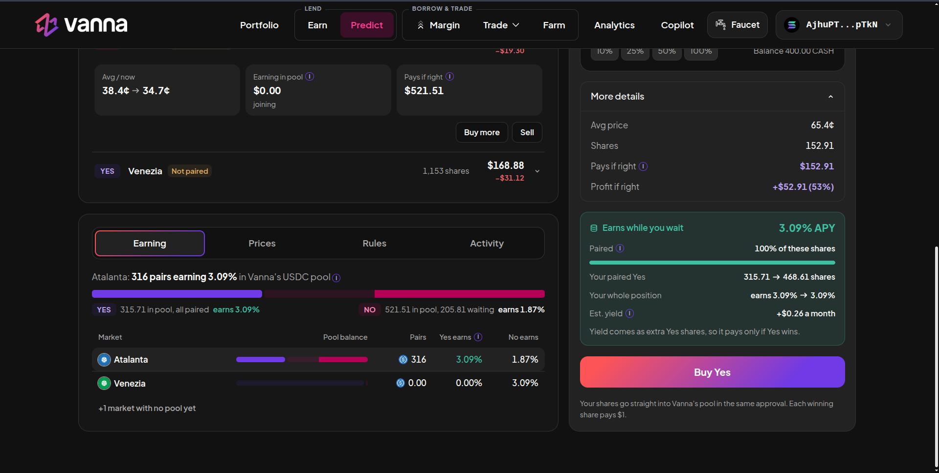 Event page showing a Yes position with Avg / now price, Earning in pool and Pays if right, and the Earning tab with pool balance, pairs and Yes / No earn rates