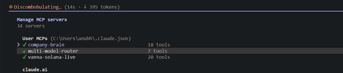 Claude Code Manage MCP servers list showing vanna-solana-live connected with 20 tools