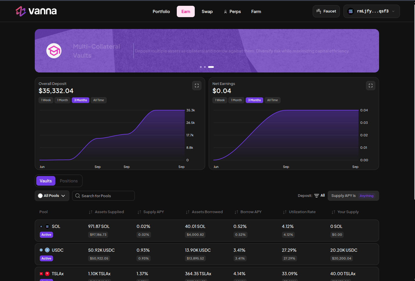 Earn page listing SOL, USDC, TSLAx and other lending pools with supply APY, borrow APY, and utilization